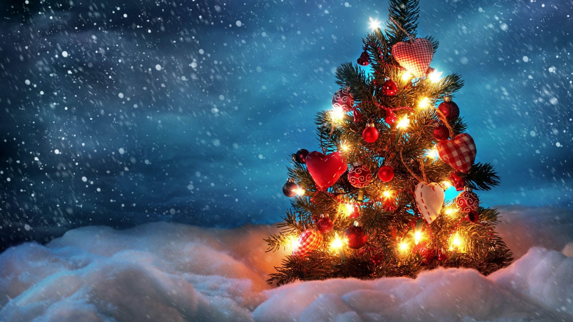 Preview wallpaper tree, new year, christmas, snow, holiday, night, garland