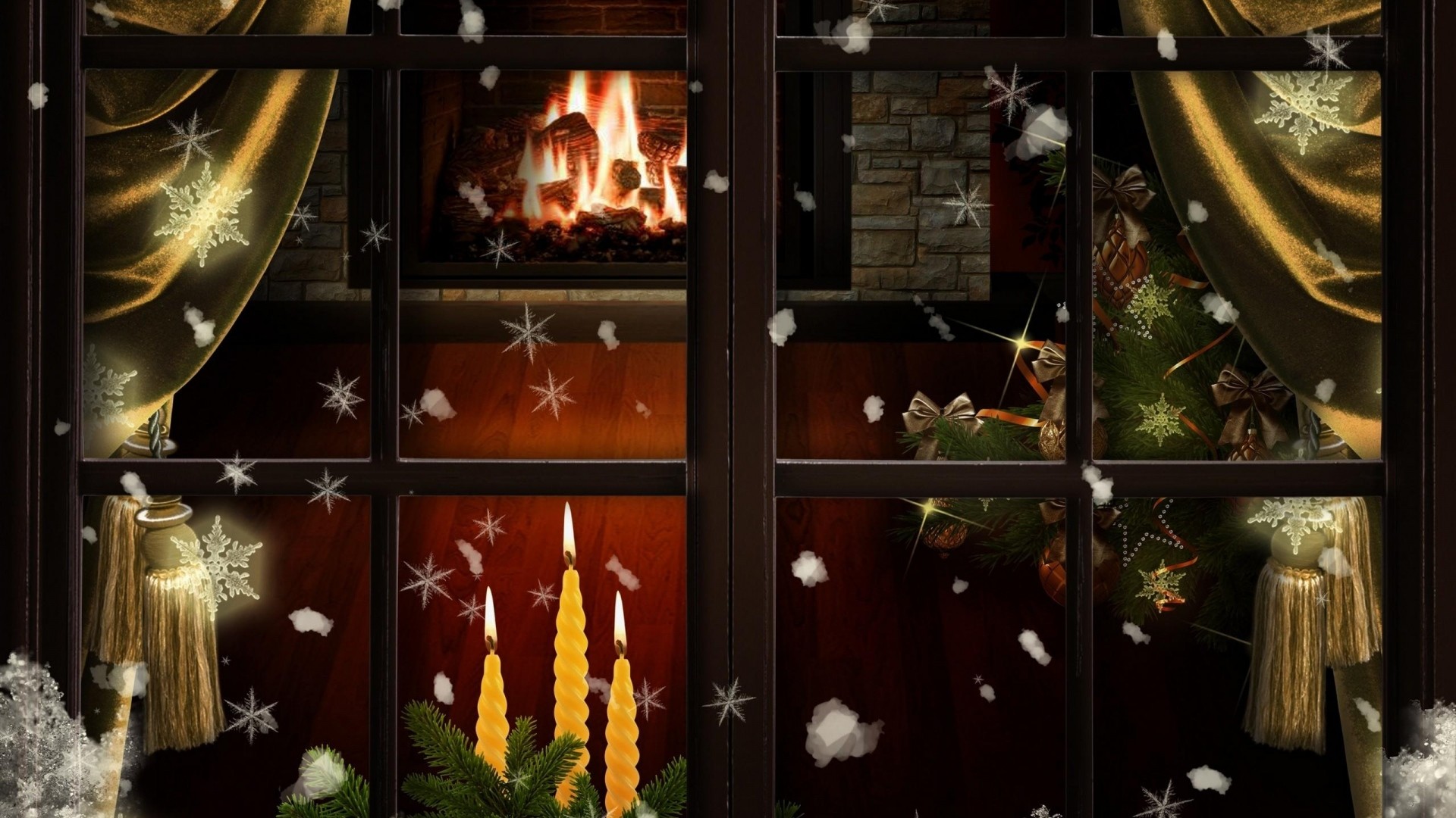 Wallpaper window, fireplace, candles, christmas tree, cozy, christmas