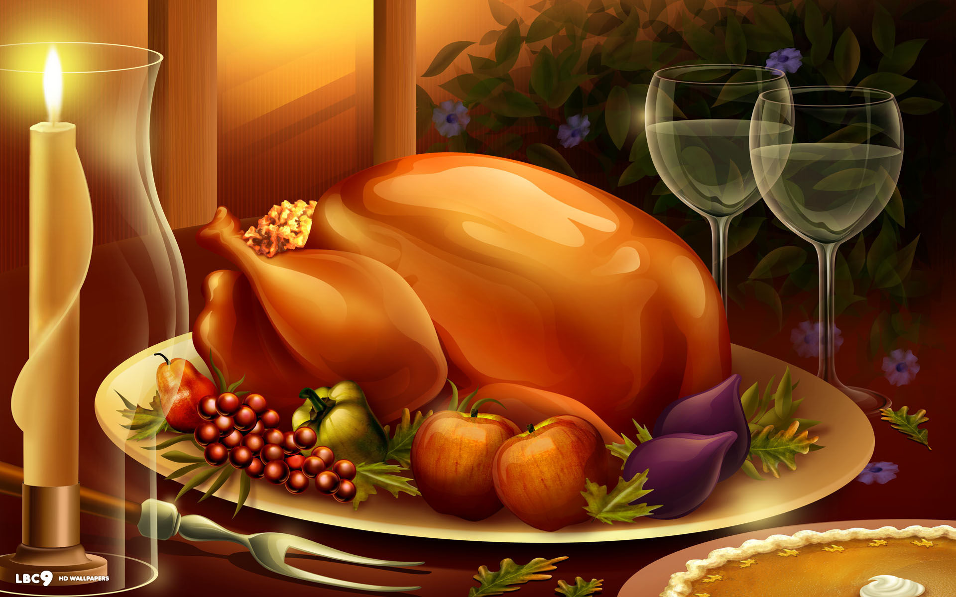 … thanksgiving dinner meal large roasted turkey food candles wine pie  holiday desktop wallpaper