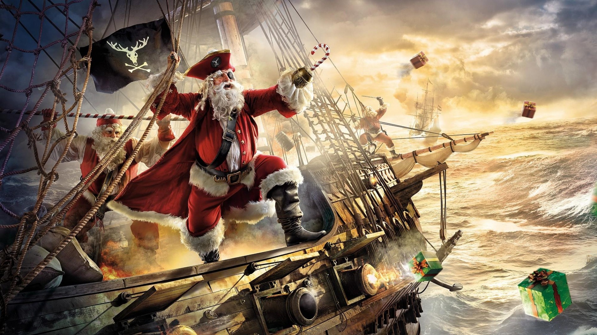 Preview wallpaper santa claus, pirate, ship, gifts, sea, storm 1920×1080