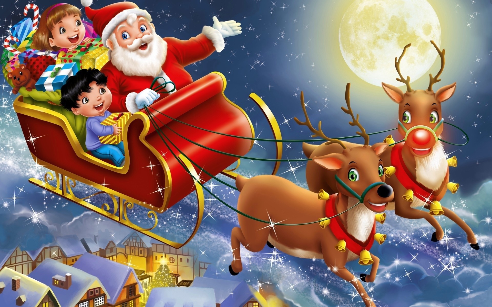 Santa claus rein deer cartoon kids wallpaper