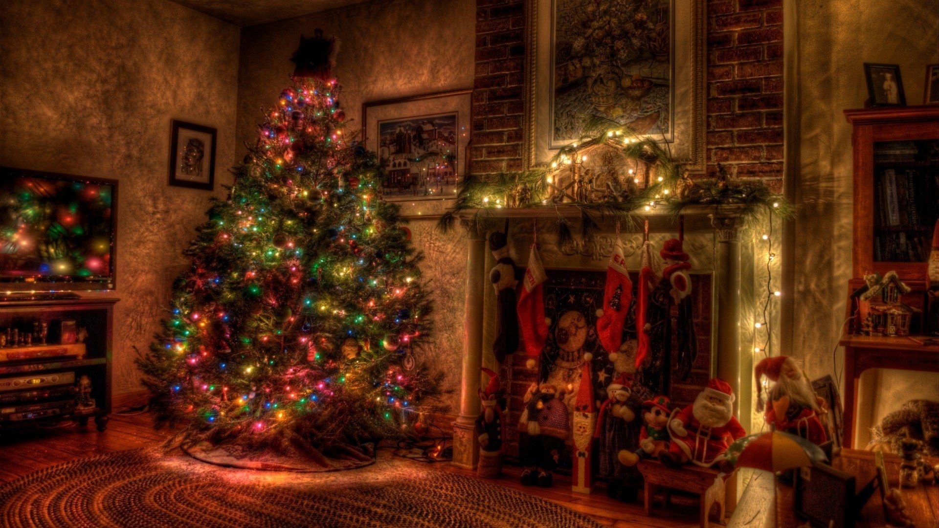 Preview wallpaper tree, christmas, holiday, garland, fireplace, toys,  stockings 1920×1080