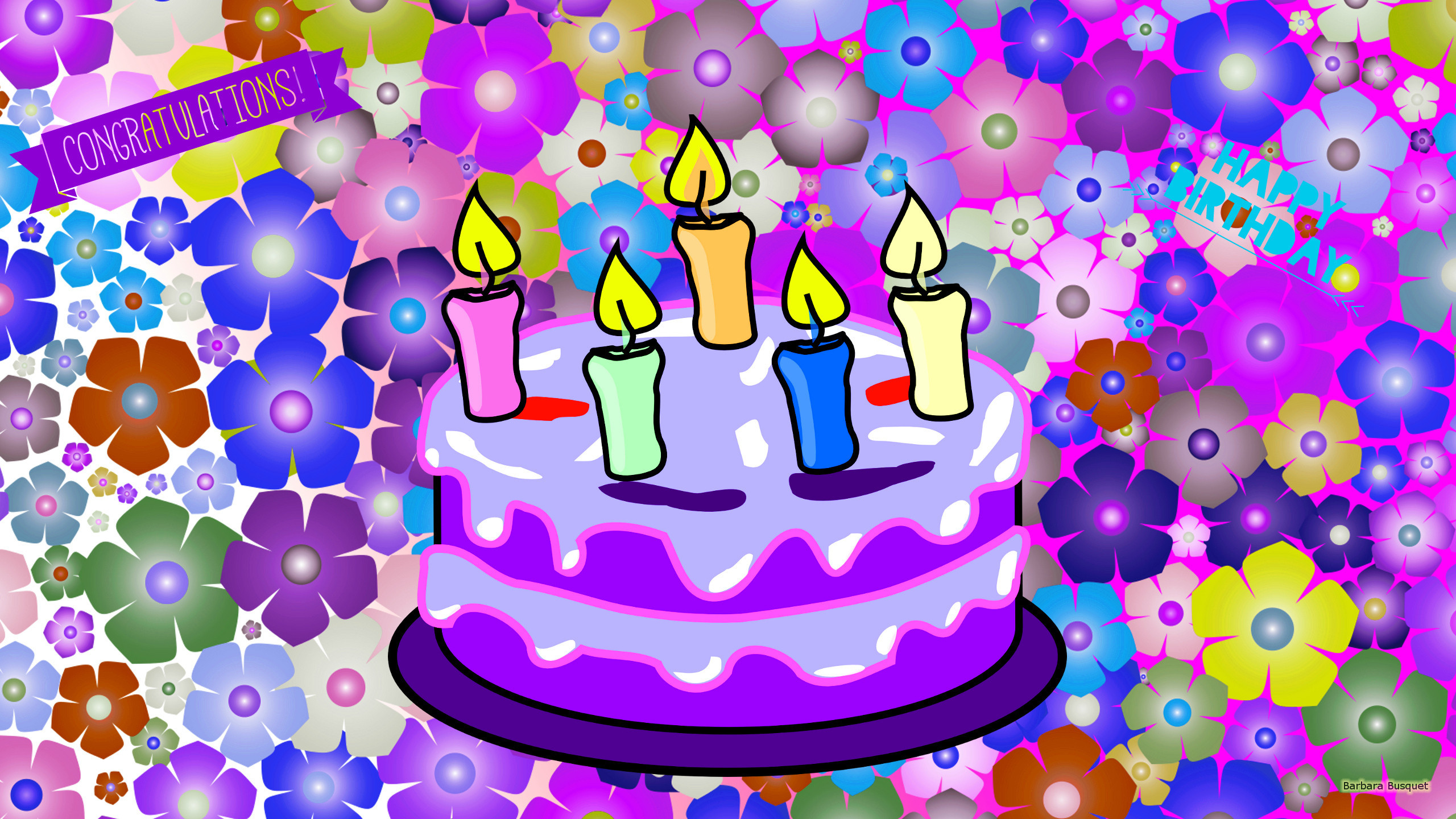 Purple birthday wallpaper with flowers and a cake with burning candles.
