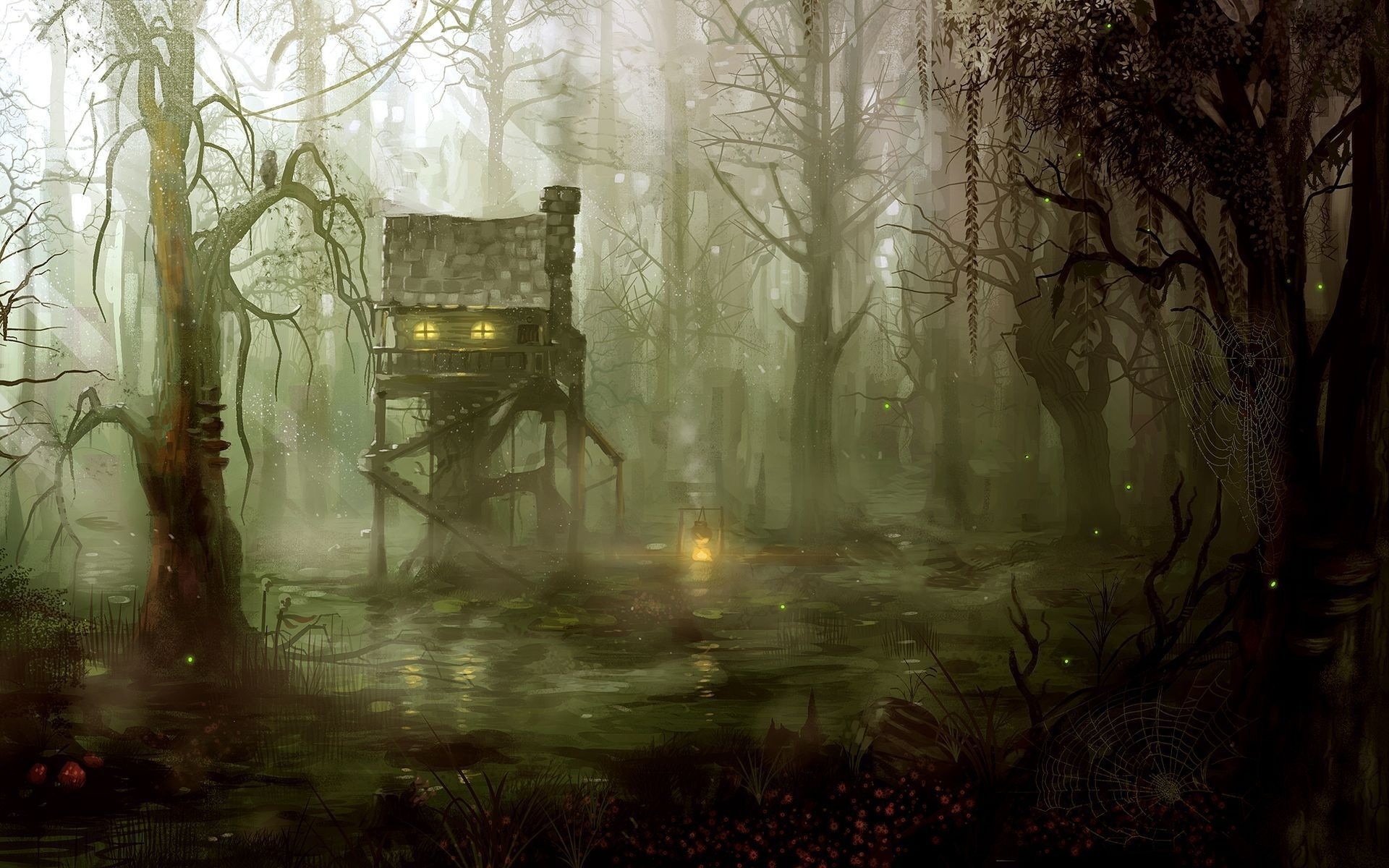 Fantasy art artistic drawing painting dark spooky architecture buildings  houses swamp jungle forest trees fire flames