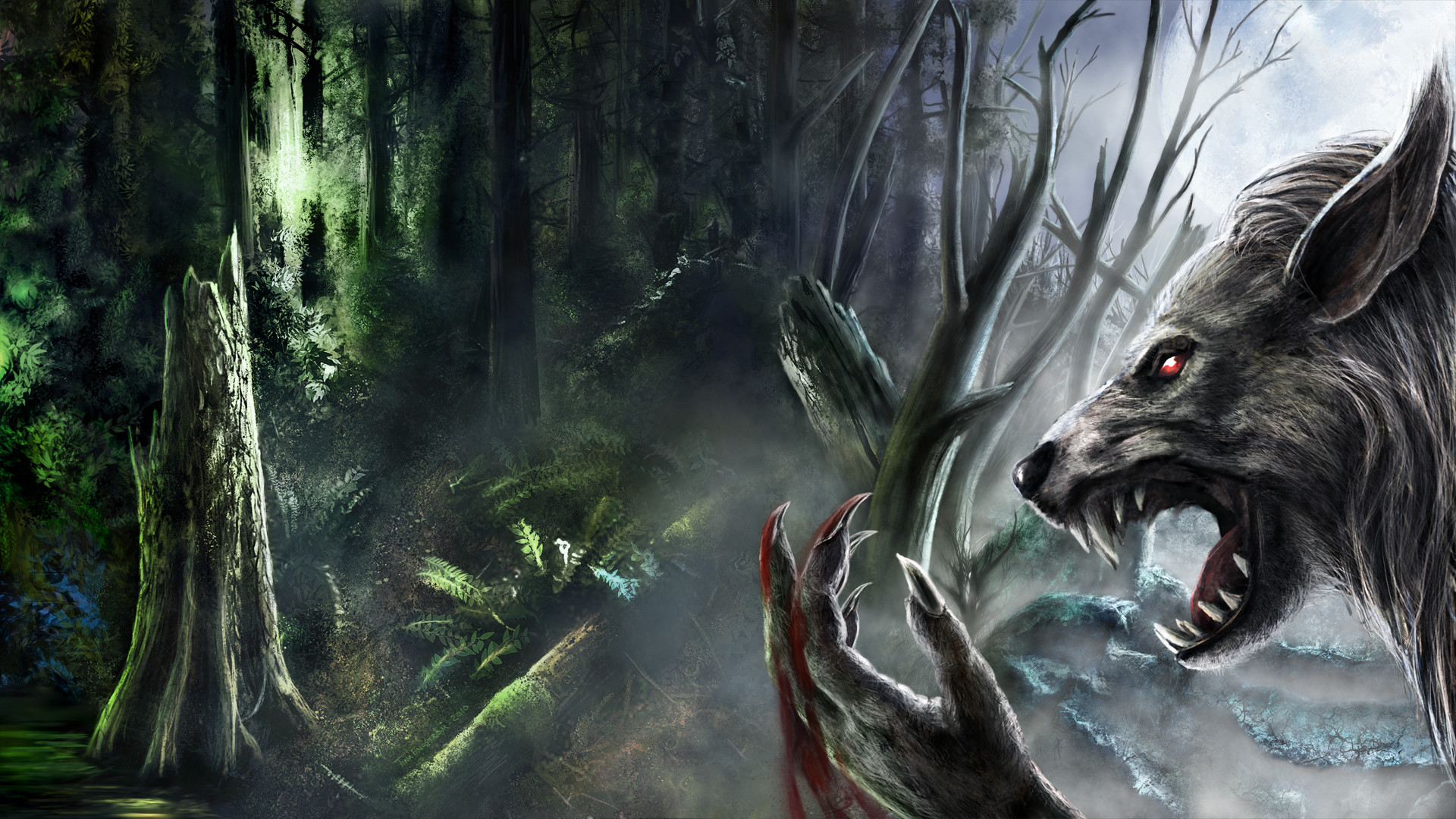 Werewolf fantasy art dark monster creatures blood fangs trees forest spooky creepy scary evil wallpaper