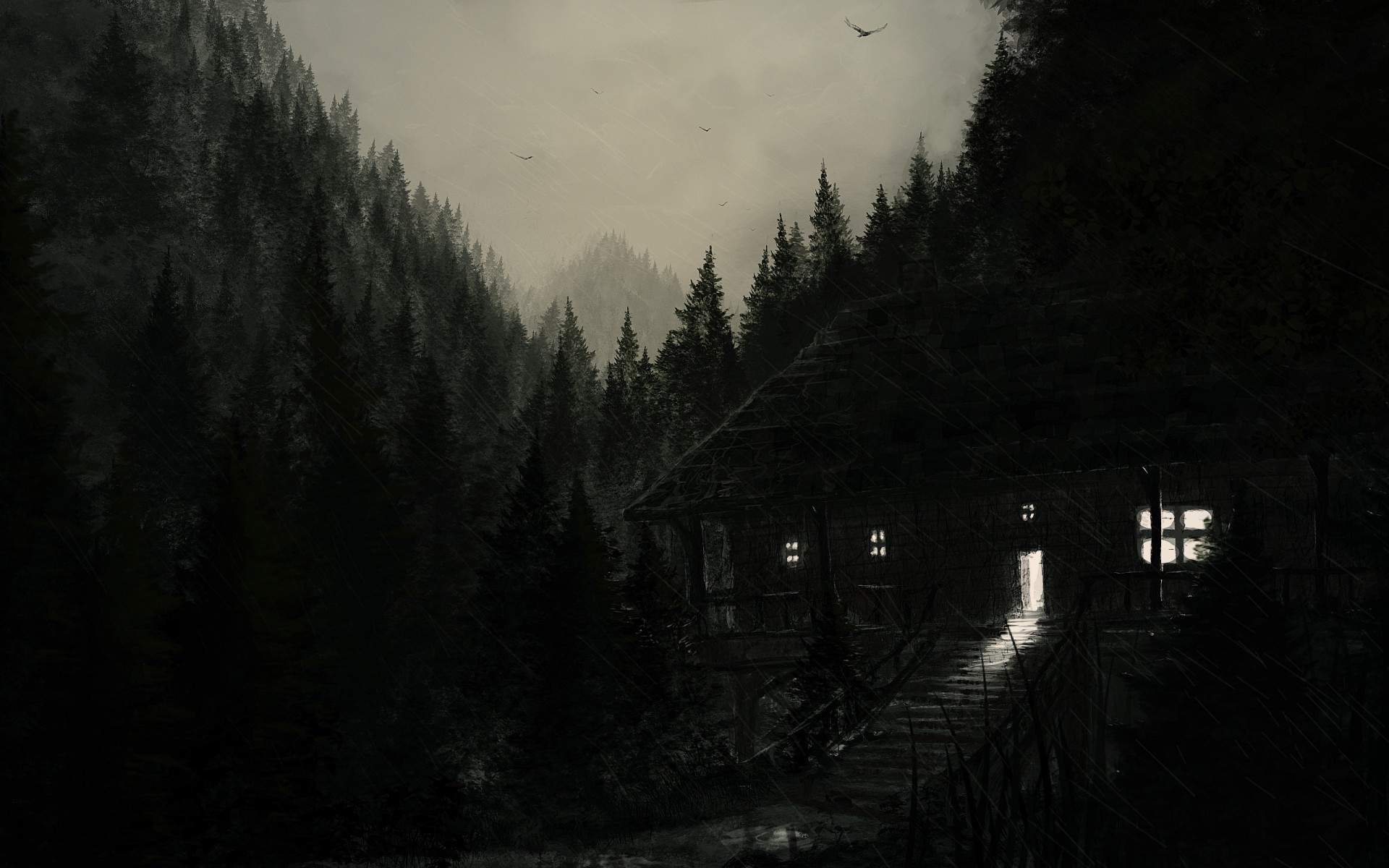 Dark spooky creepy cabin houses architecture buildings trees forest  landscapes night lights artistic haunted halloween seasonal wallpaper |  …