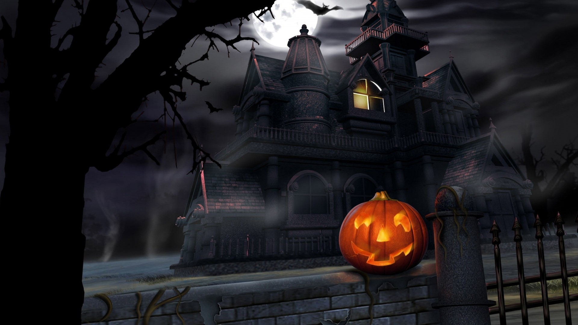 Wallpaper halloween, pumpkin, lantern, house, darkness, gloom