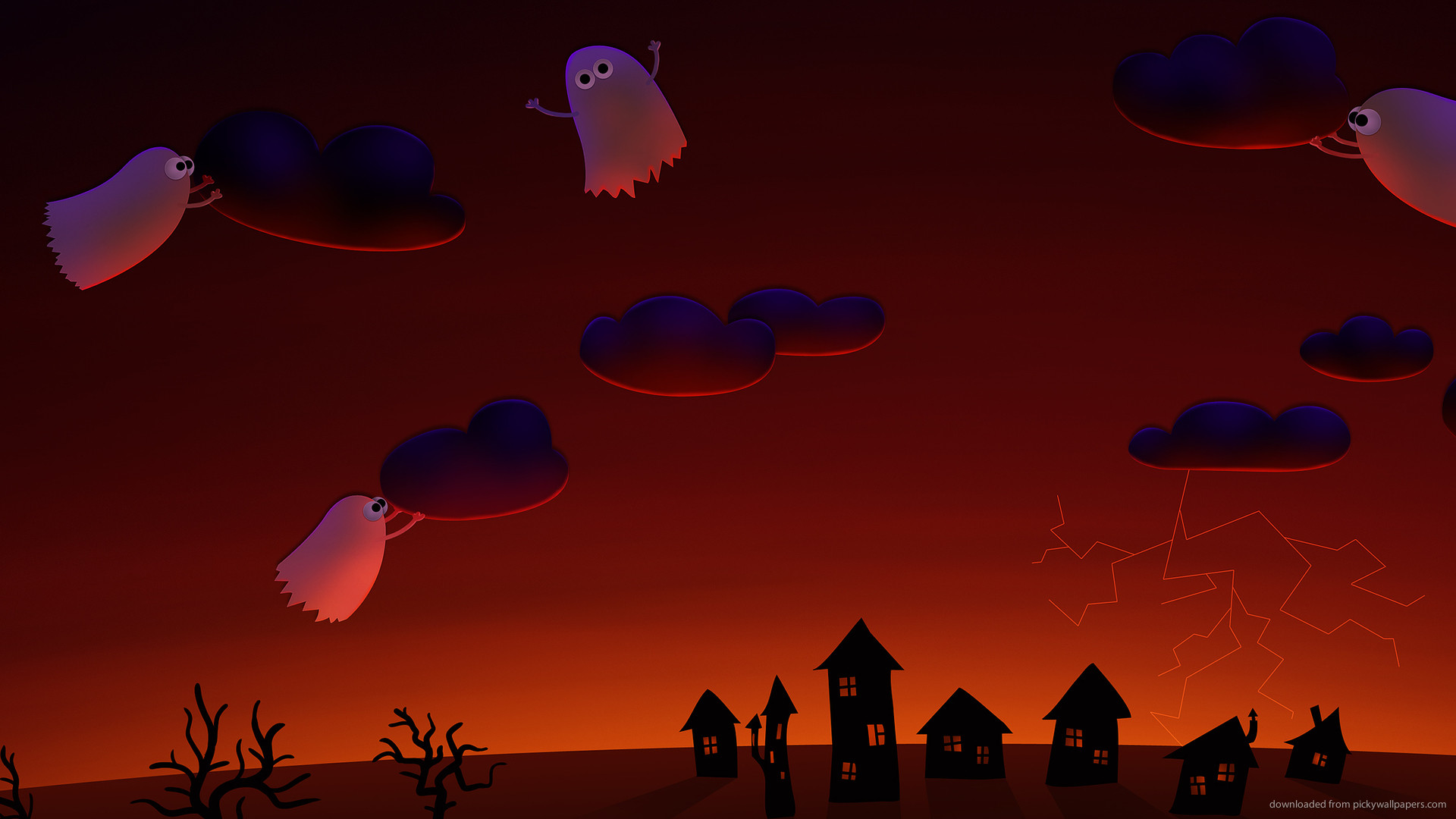 Halloween cute ghosts village for 1920×1080