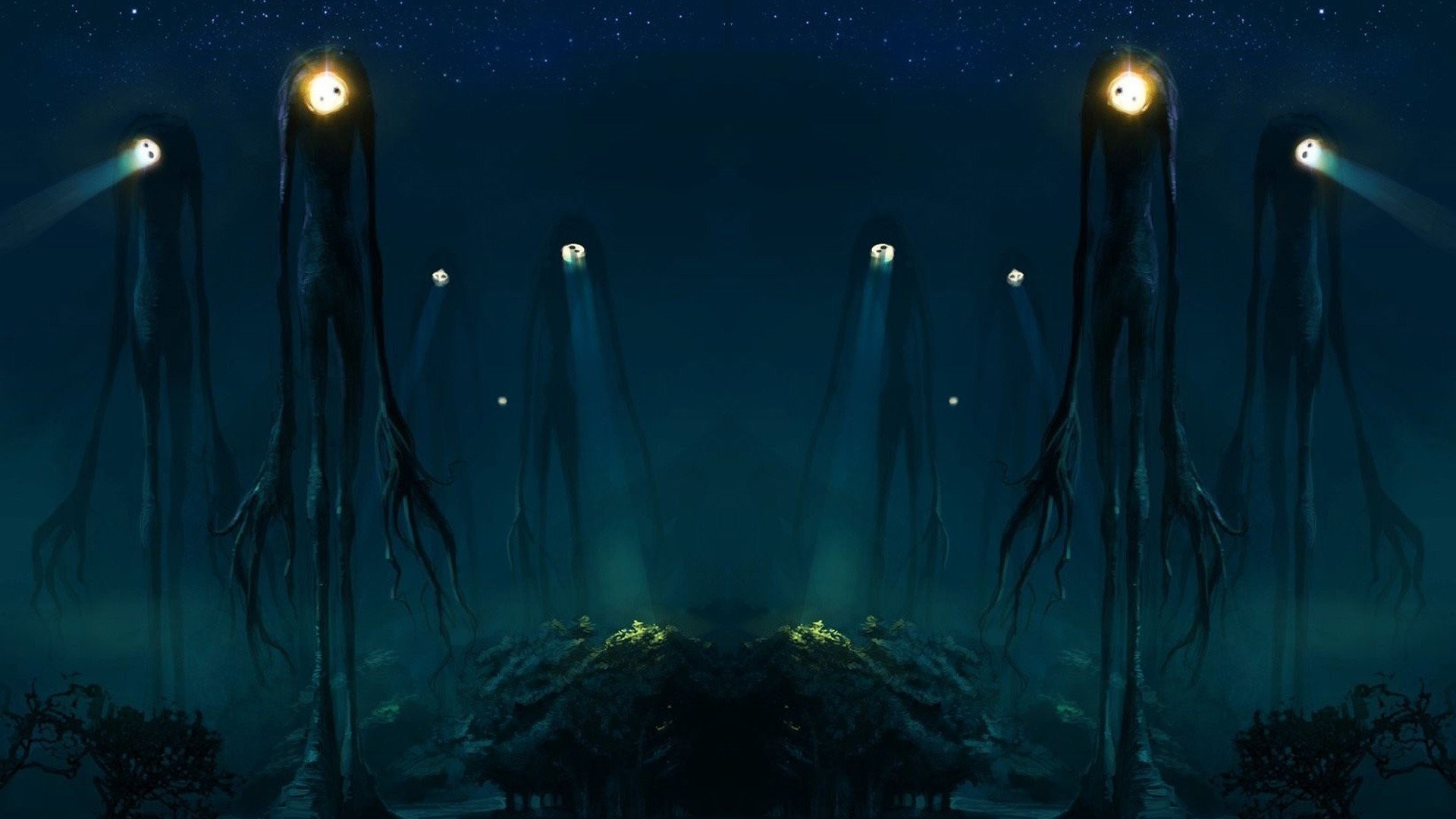 Aliens Creatures Slender Man Spotlight Trees
