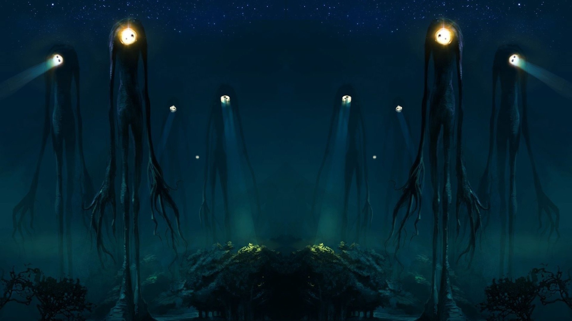 Trees creatures spotlight slender man aliens ambient wallpaper Art HD Wallpaper