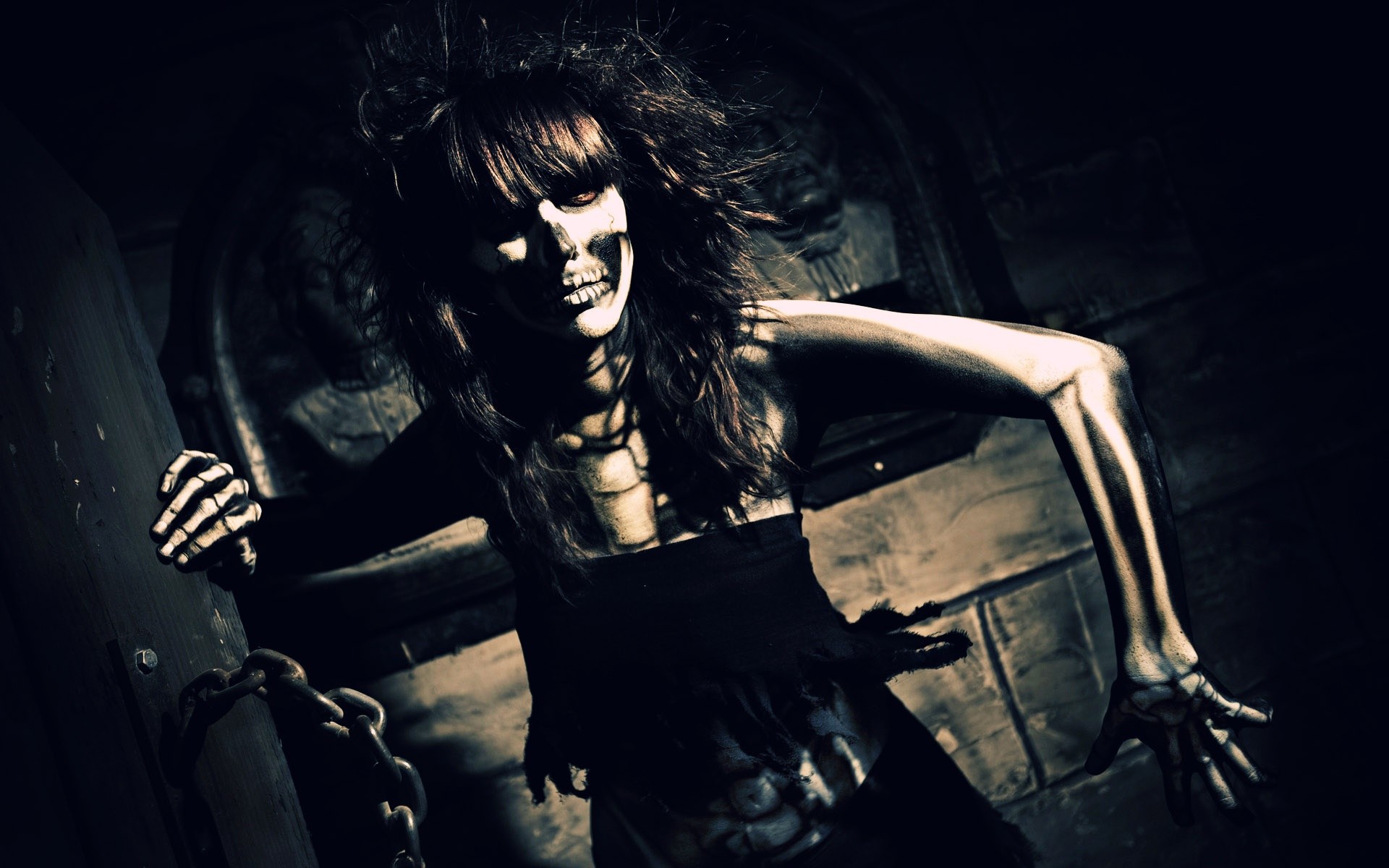 Dark skull skeleton horror scary creepy spooky women brunette bones  wallpaper | | 28211 | WallpaperUP