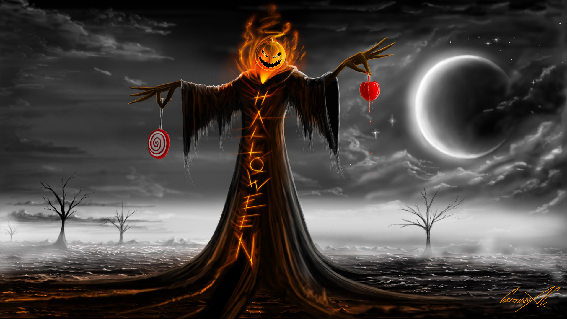 Halloween Specter Scarecrow Pumpkin Fire Flames Tunic Lollipops Moon Stars Clouds Night Trees Desert Scare Fear Painting hd wallpaper by LadyGaga