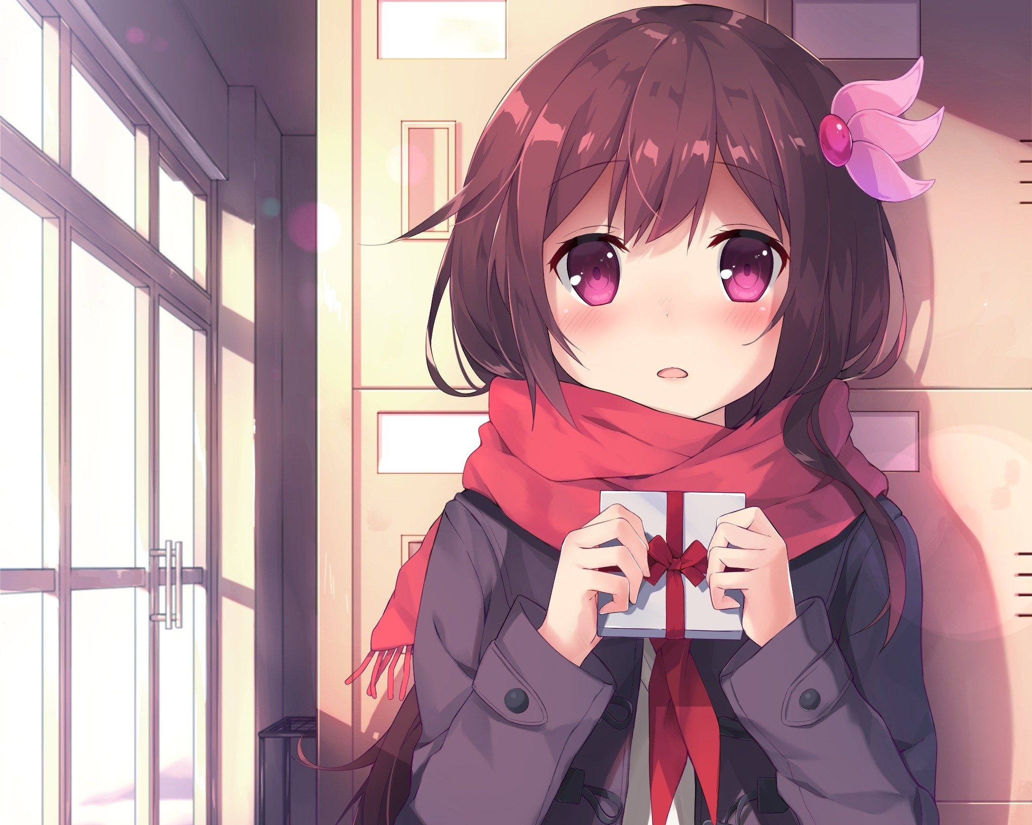 Anime girl, valentines day 2017, shy expression, red scarf # original