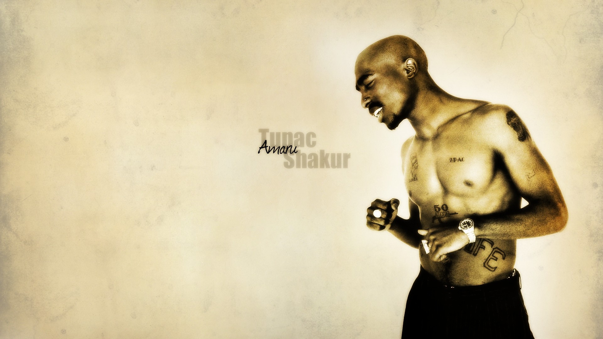 Preview wallpaper 2pac, emotions, body, tattoo, watches 1920×1080
