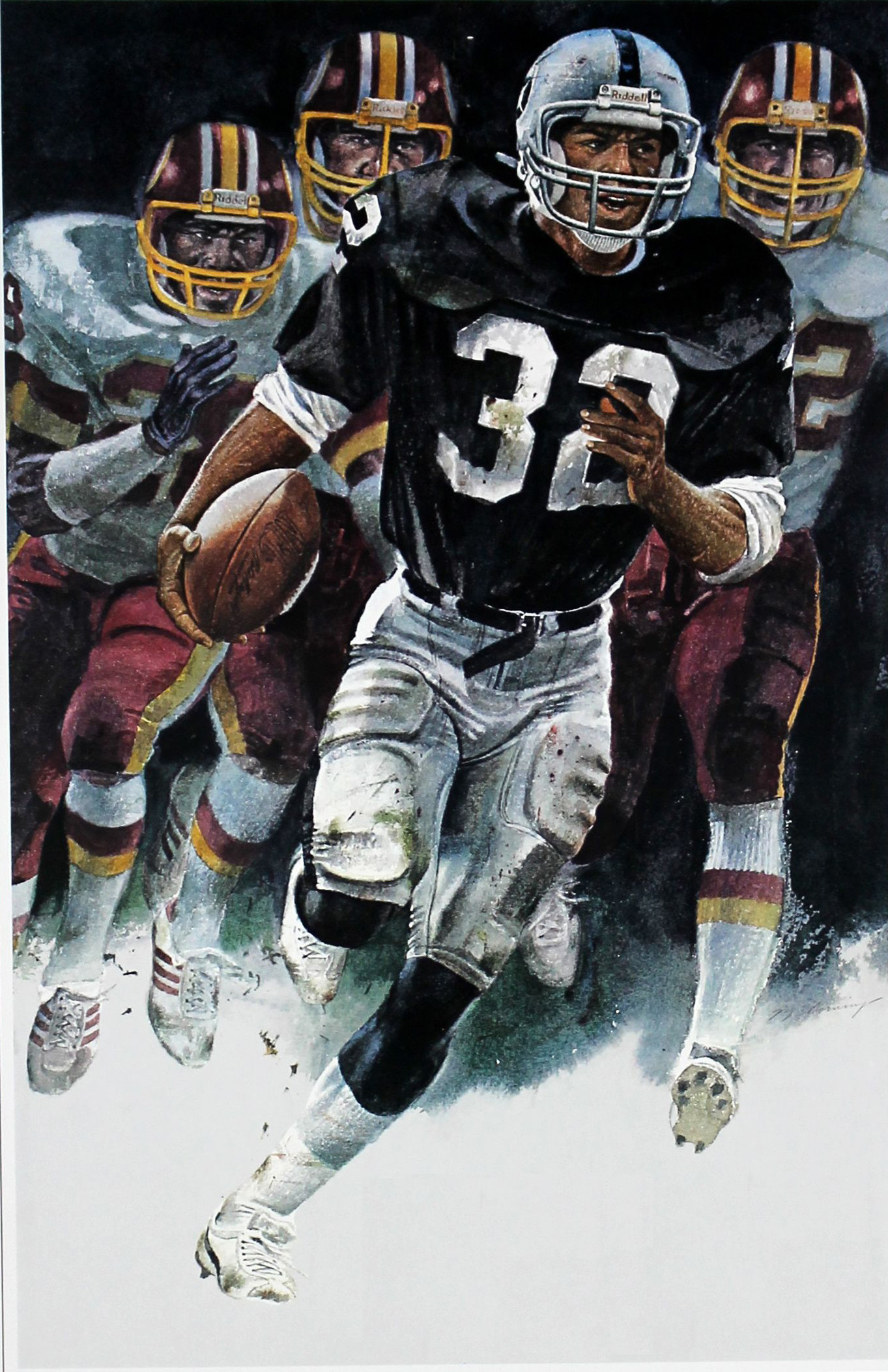 Marcus Allen, Oakland Raiders. Painting by Merv Corning