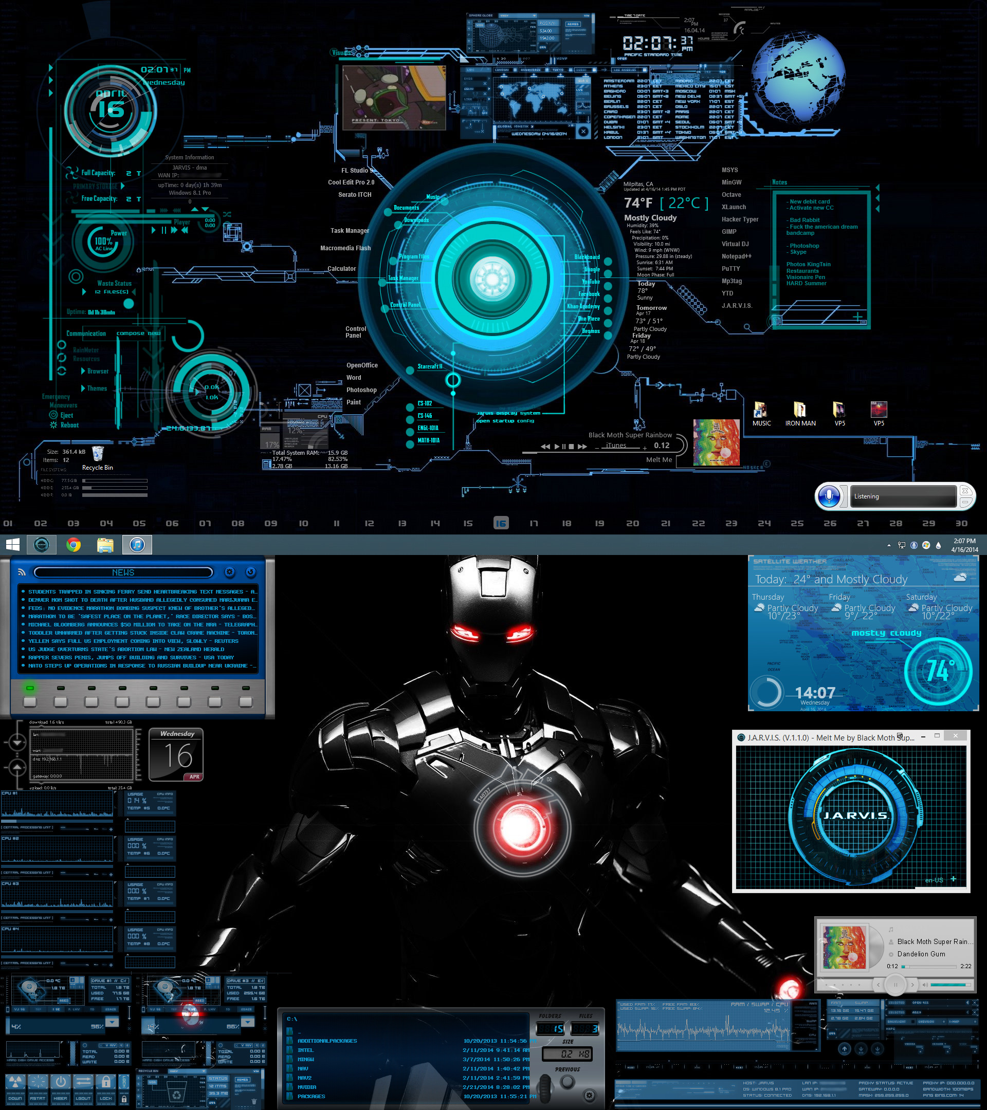 Second Screenshot: Desktop with just Rainmeter, iTunes, and J.A.R.V.I.S.  running.
