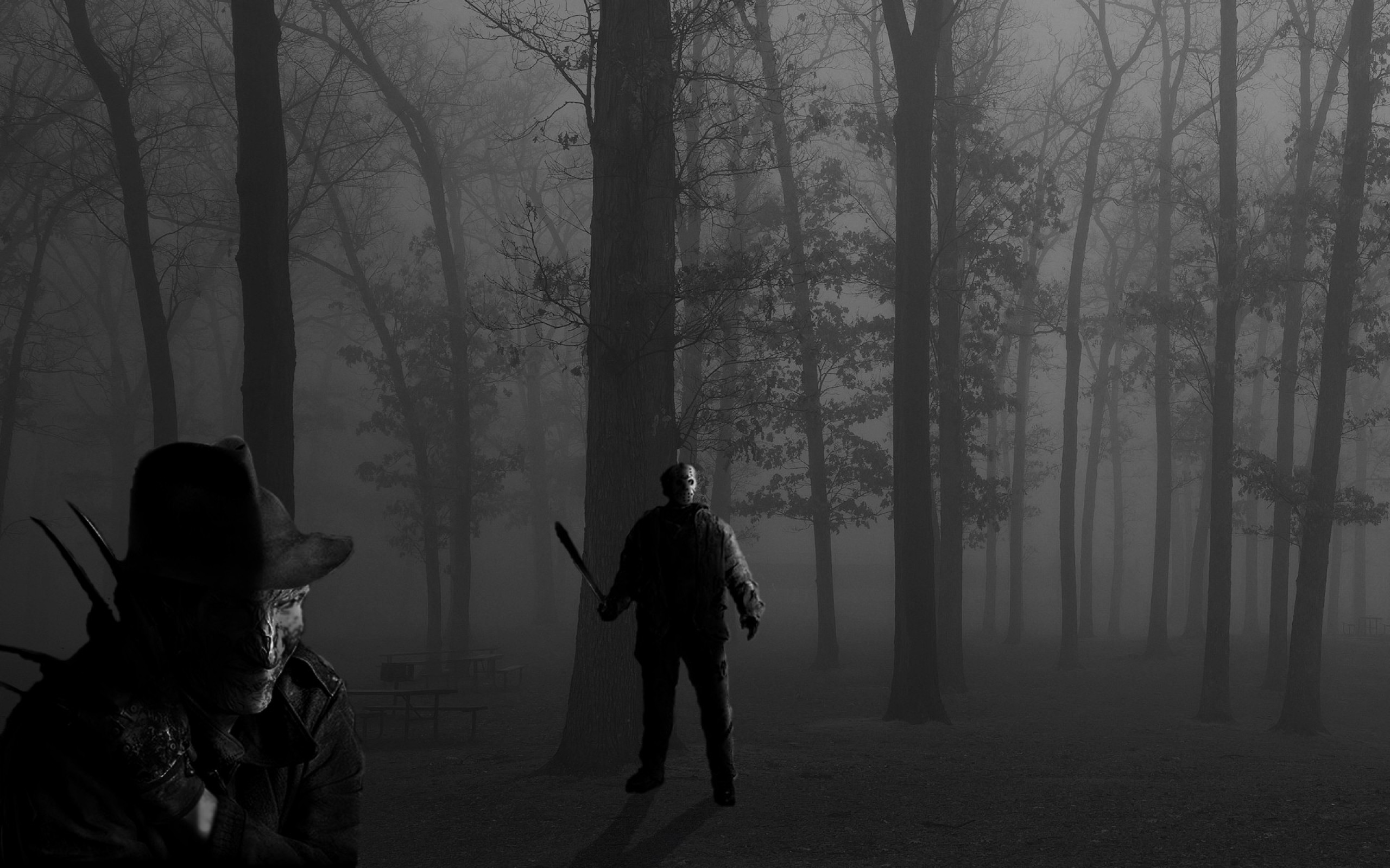 Horror forest darkness psycho freddy krueger jason voorhees michael myers leatherface 3200×1200 w Art HD Wallpaper