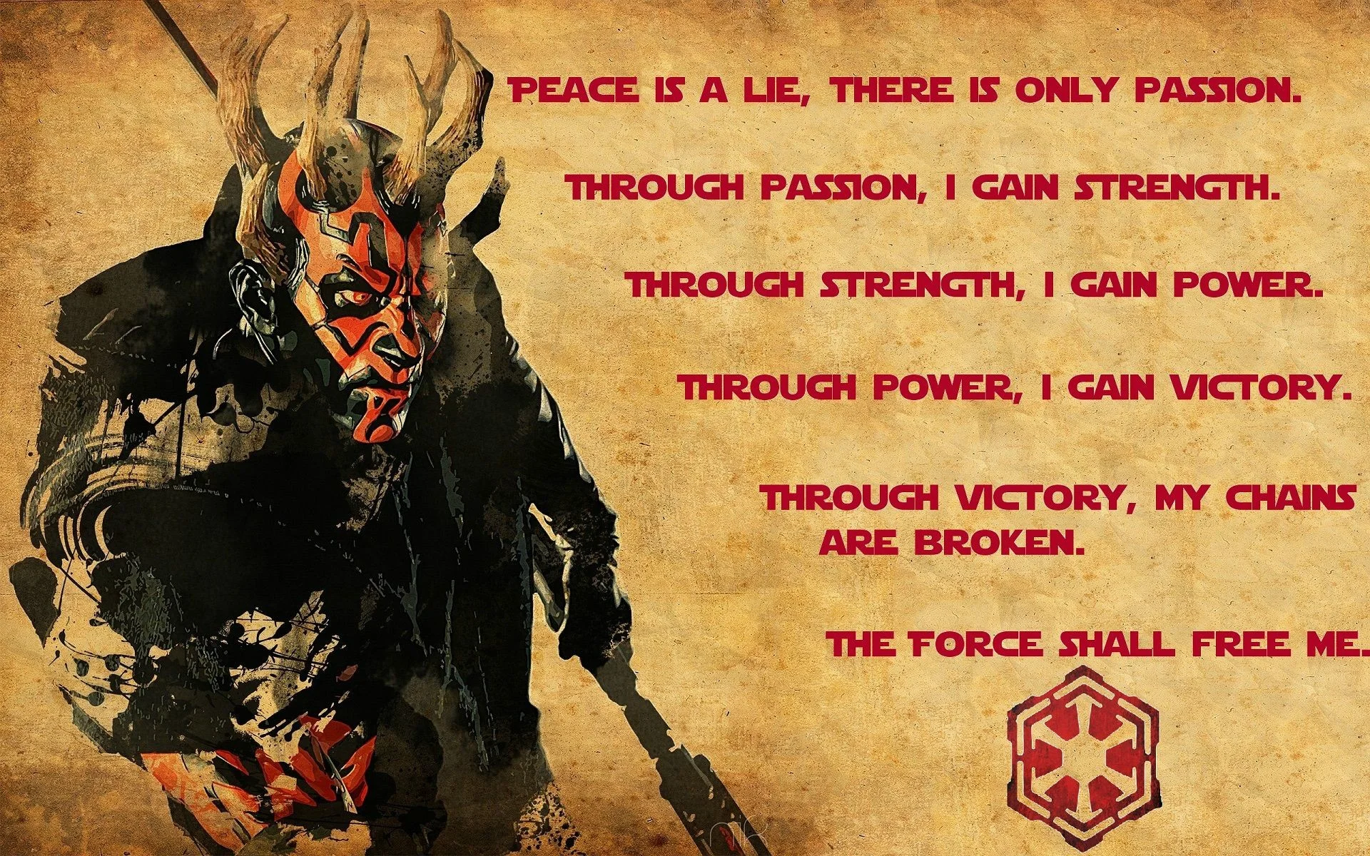 All I did was add the text and sith logo. The Darth Maul background was  done by the guy in the link.  https://nicollearl.deviantart.com/art/Darth-Maul-2- …