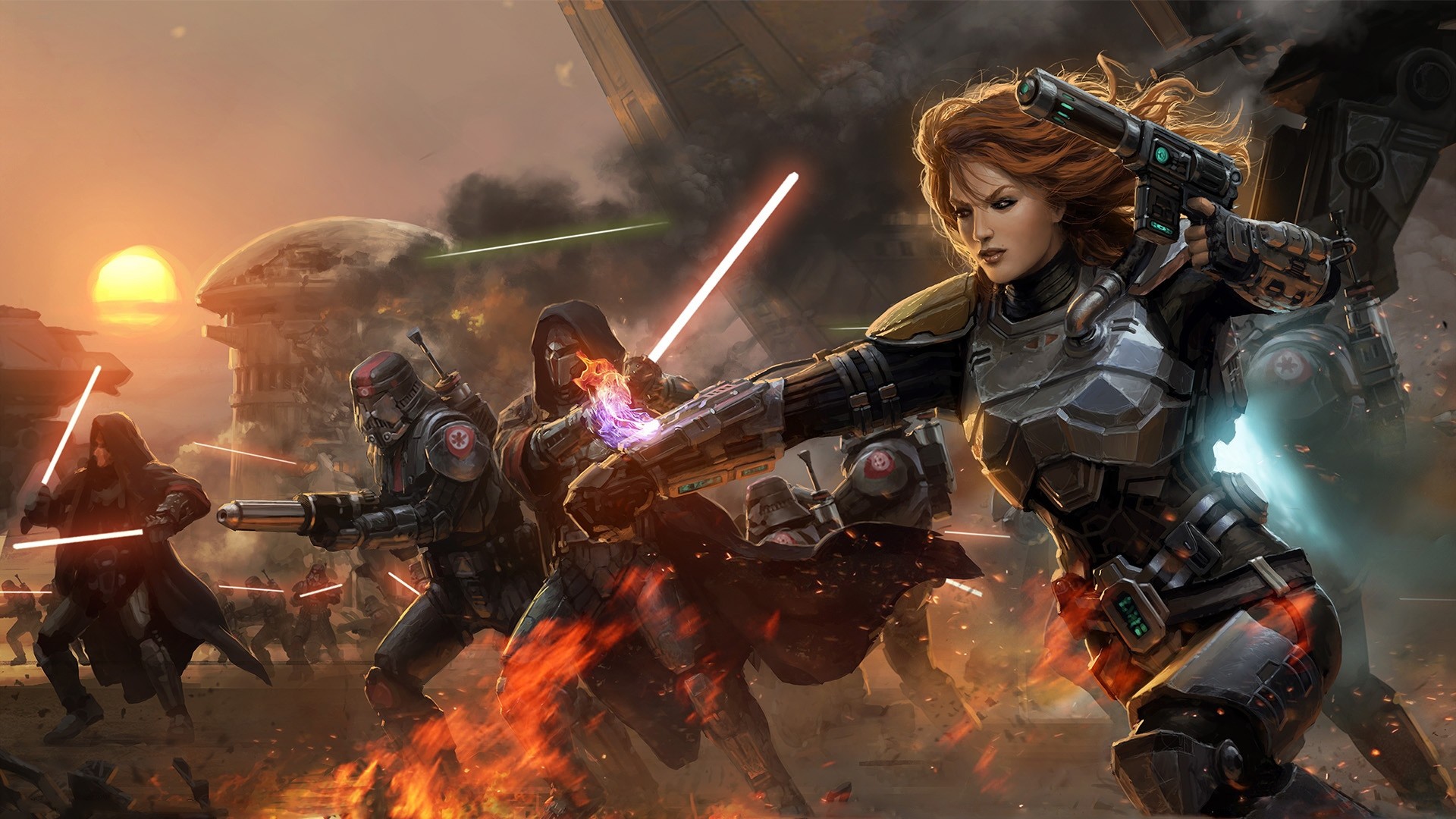 Preview wallpaper star wars the old republic, girl, lightsabers, battle, smoke 1920×1080