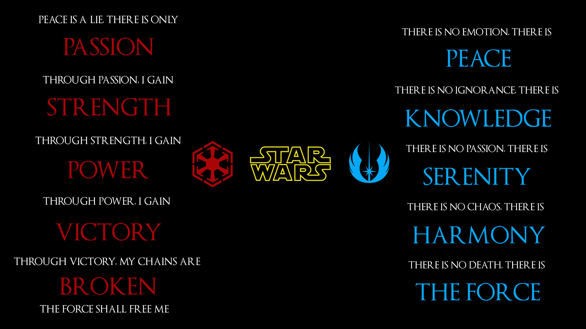 Variants for only Sith, or only Jedi: https://imgur.com/a/qBQGH Edited so  that "The Force" is highlighted in the Sith Code, Rather than "Broken" …