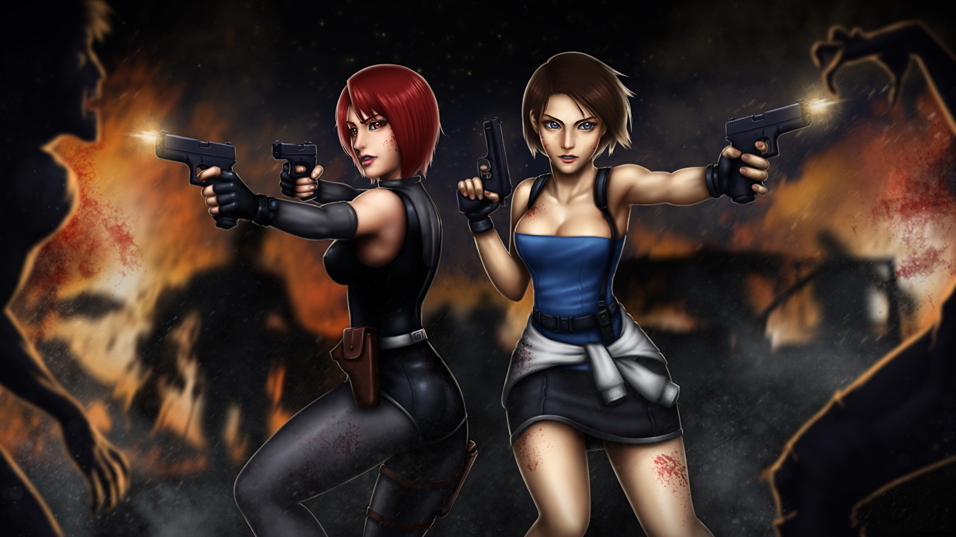 Wallpaper Resident Evil Zombie Firing Pistols Redhead girl Brown haired 3, Regina, Jill Valentine