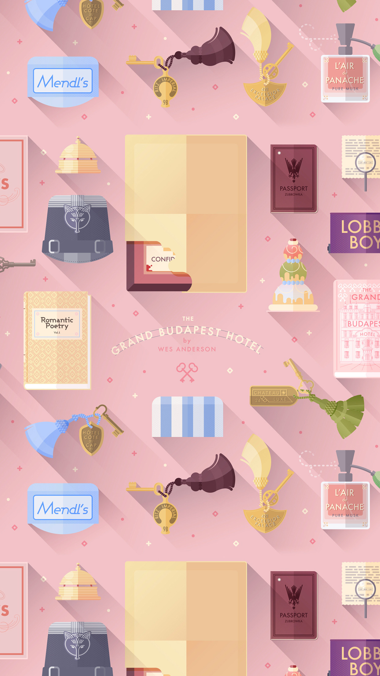 A little tribute to The Grand Budapest Hotel, Wes Anderson movie, on a flat design version. – vector icons icon with shadows