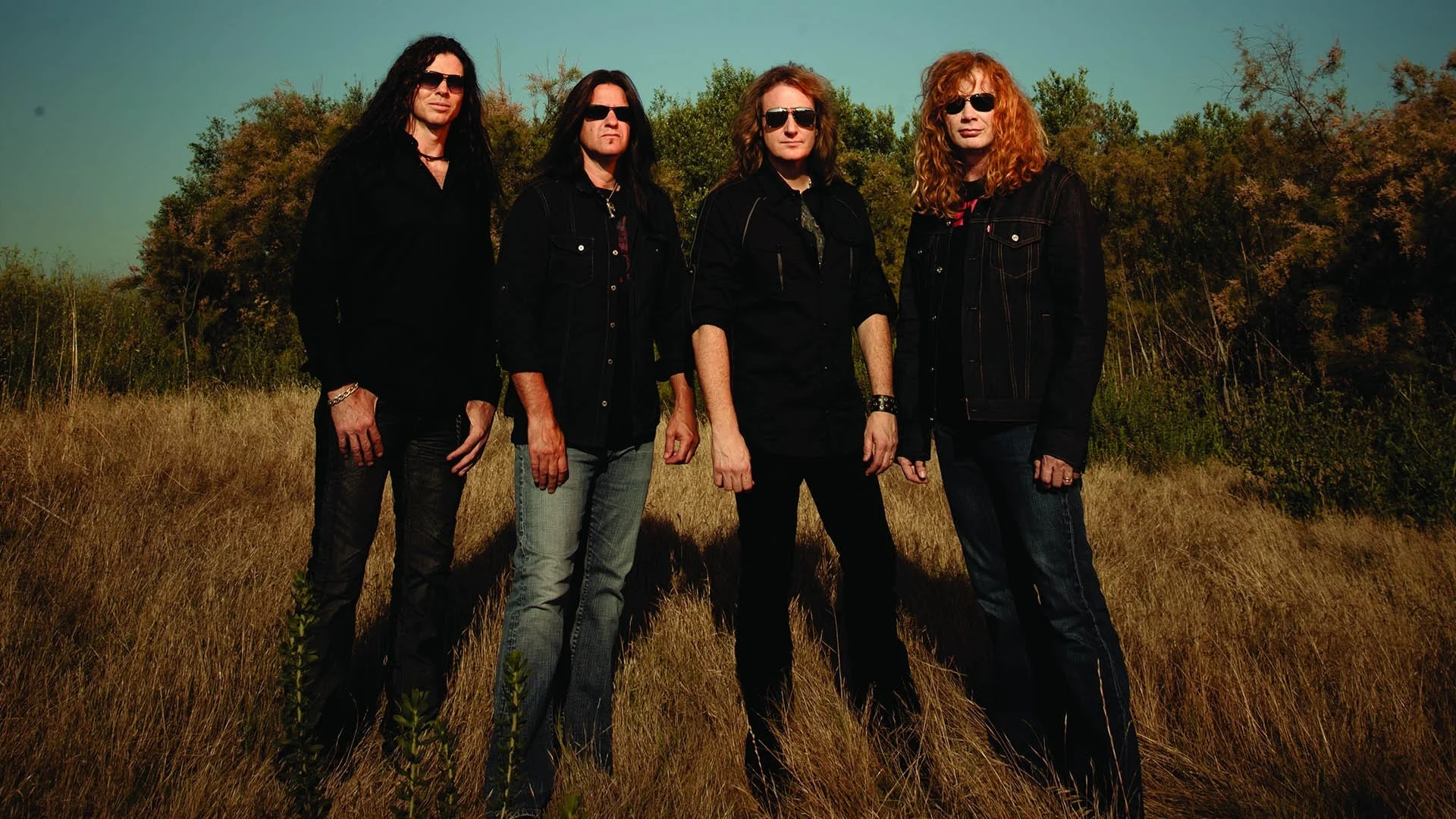 Preview wallpaper megadeth, band, sunlight, glasses, shadow 1920×1080