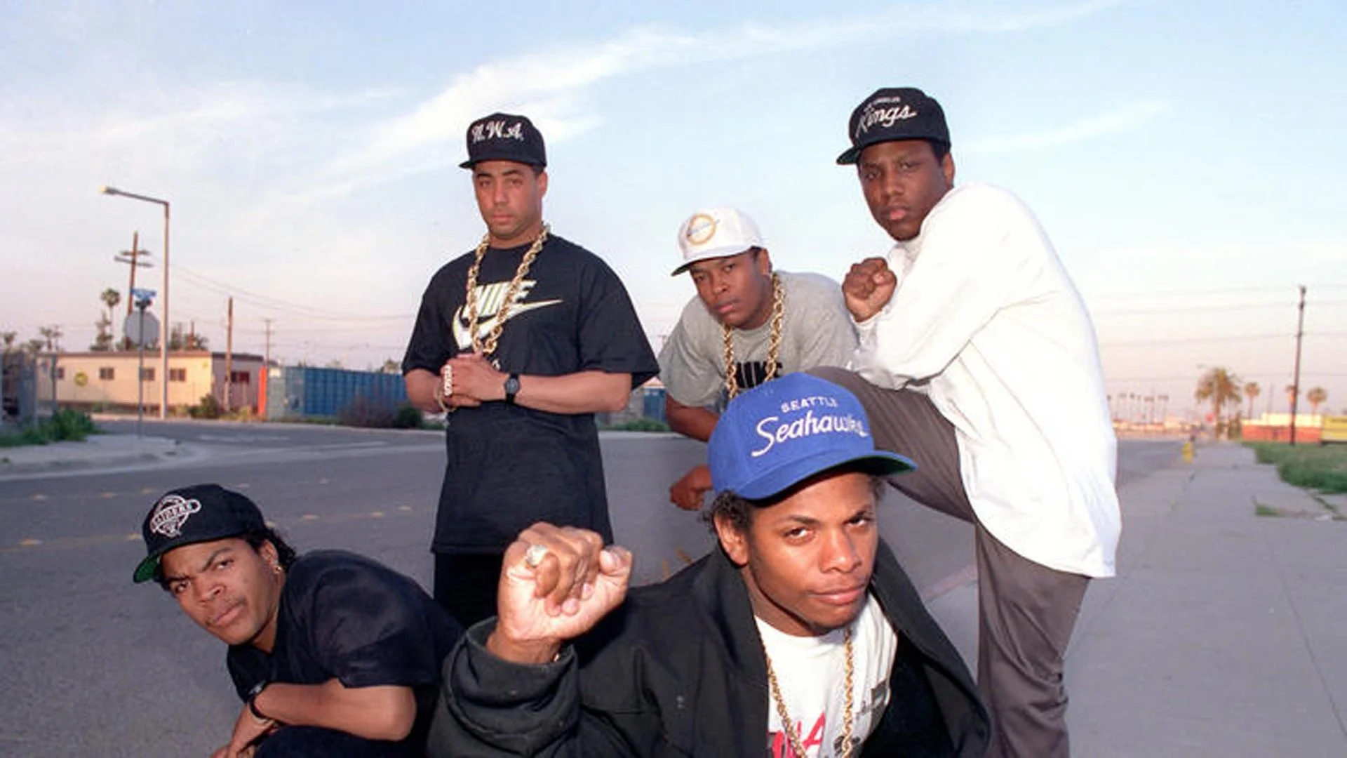 Members of rap group N.W.A are seen in this 1989 file photo. Back, from  left: D.J. Yella, Dr. Dre & MC Ren. Front, from left: Ice Cube and Easy E.  (Credit: …