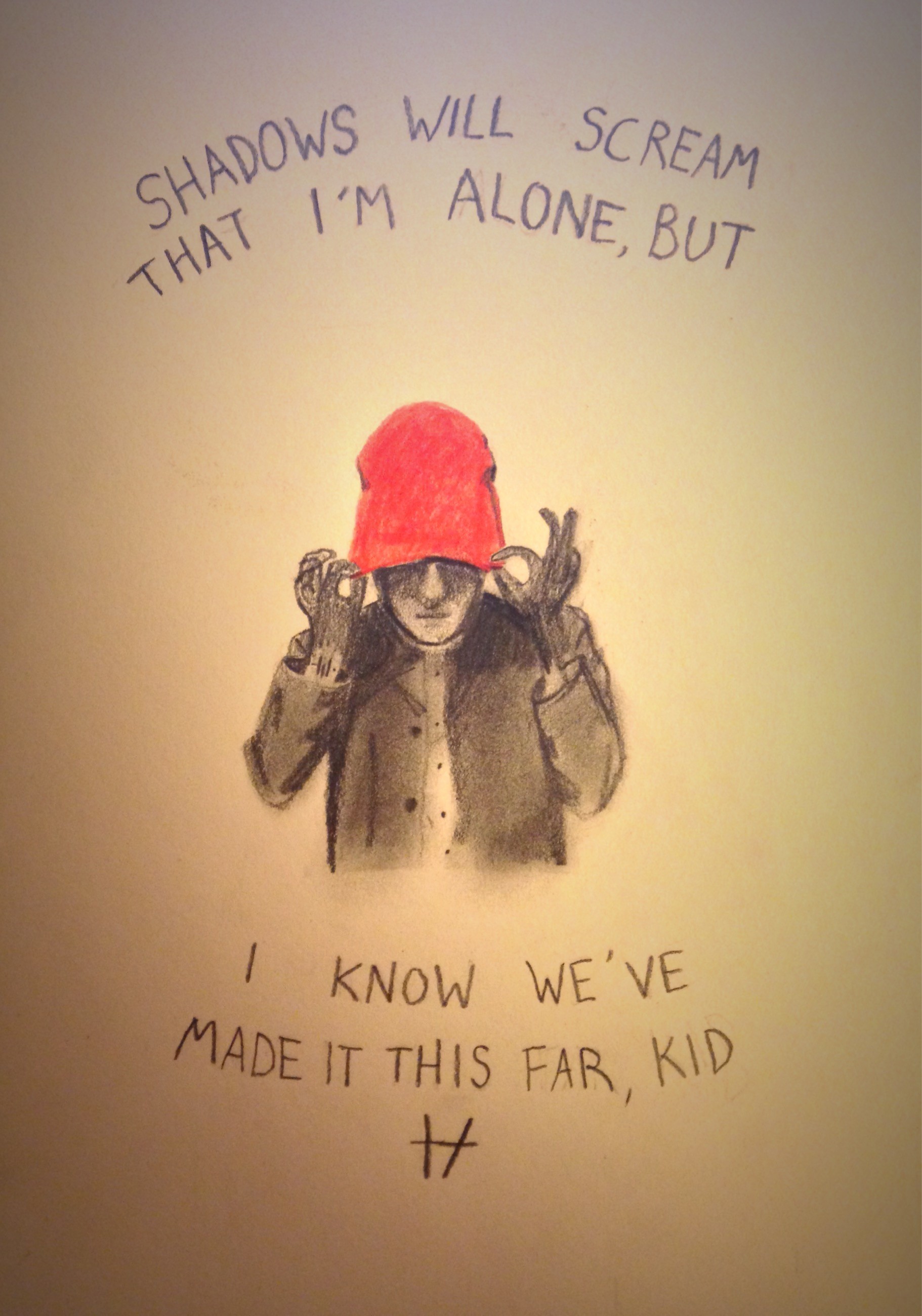 Day 6 of 30 day drawing challenge- shadows. Blurryface Tyler with lyrics  from migraine. (twenty one pilots fan art) by