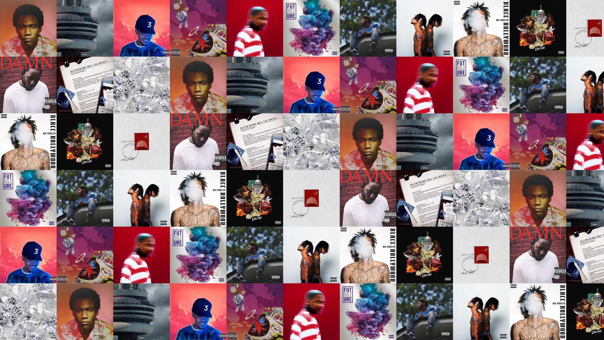 Download this free wallpaper with images of Childish Gambino Because Of The Internet, Drake Views, Chance The Rapper Coloring Book, Kanye West