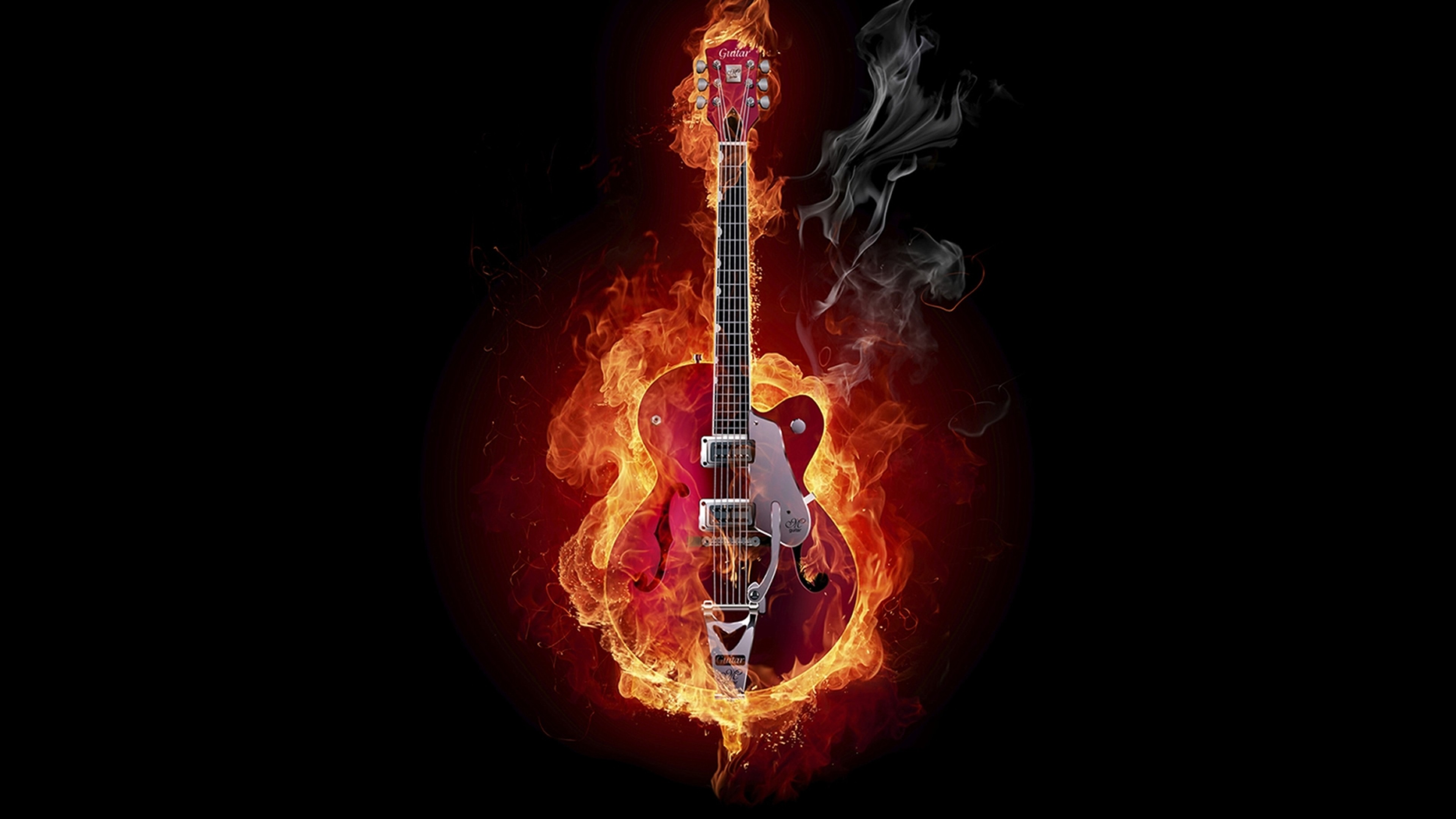 Preview wallpaper guitar, fire, instrument, smoke, background 3840×2160