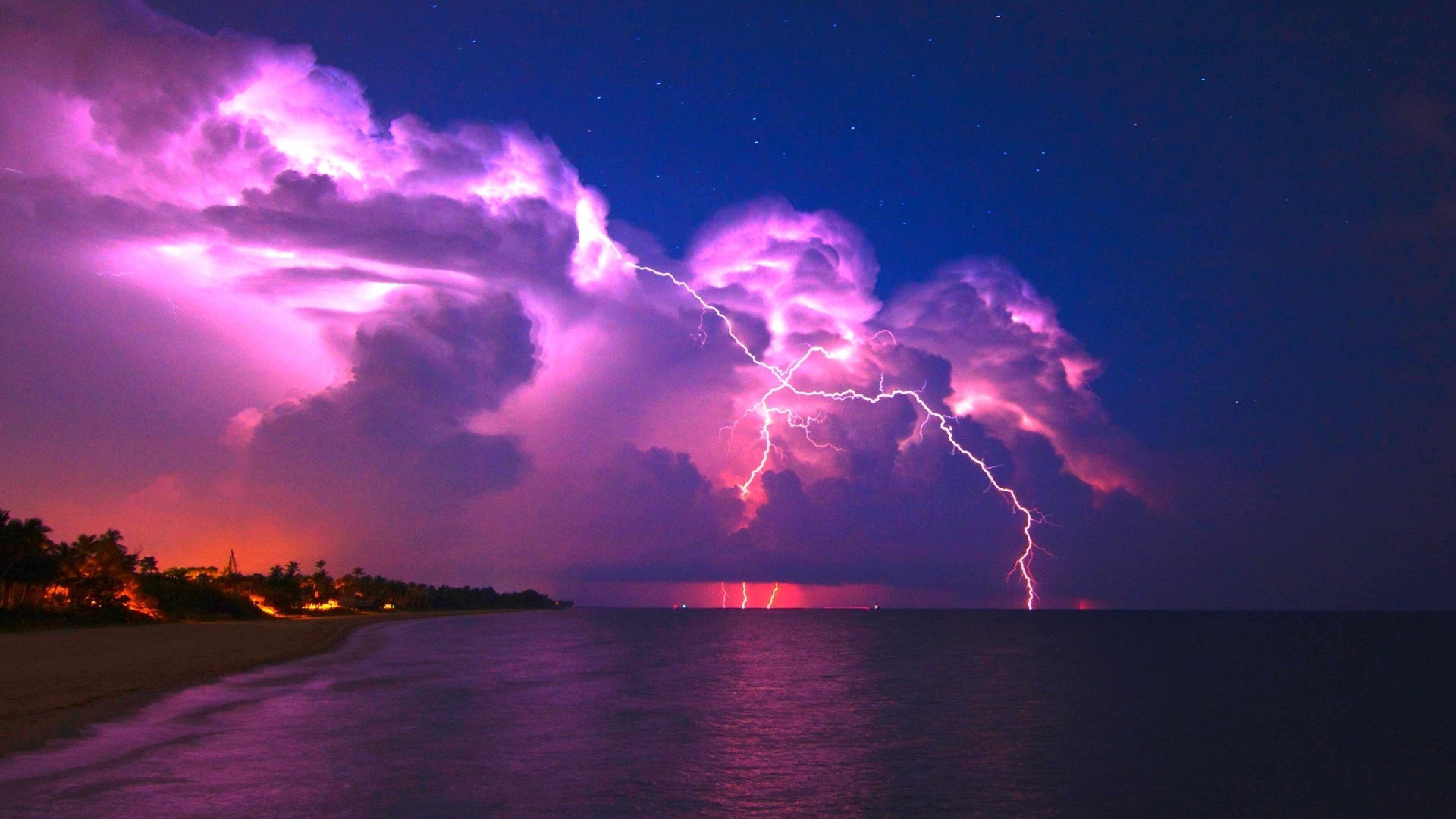 Preview wallpaper lightning, elements, coast, night, stars, clouds, clearly,