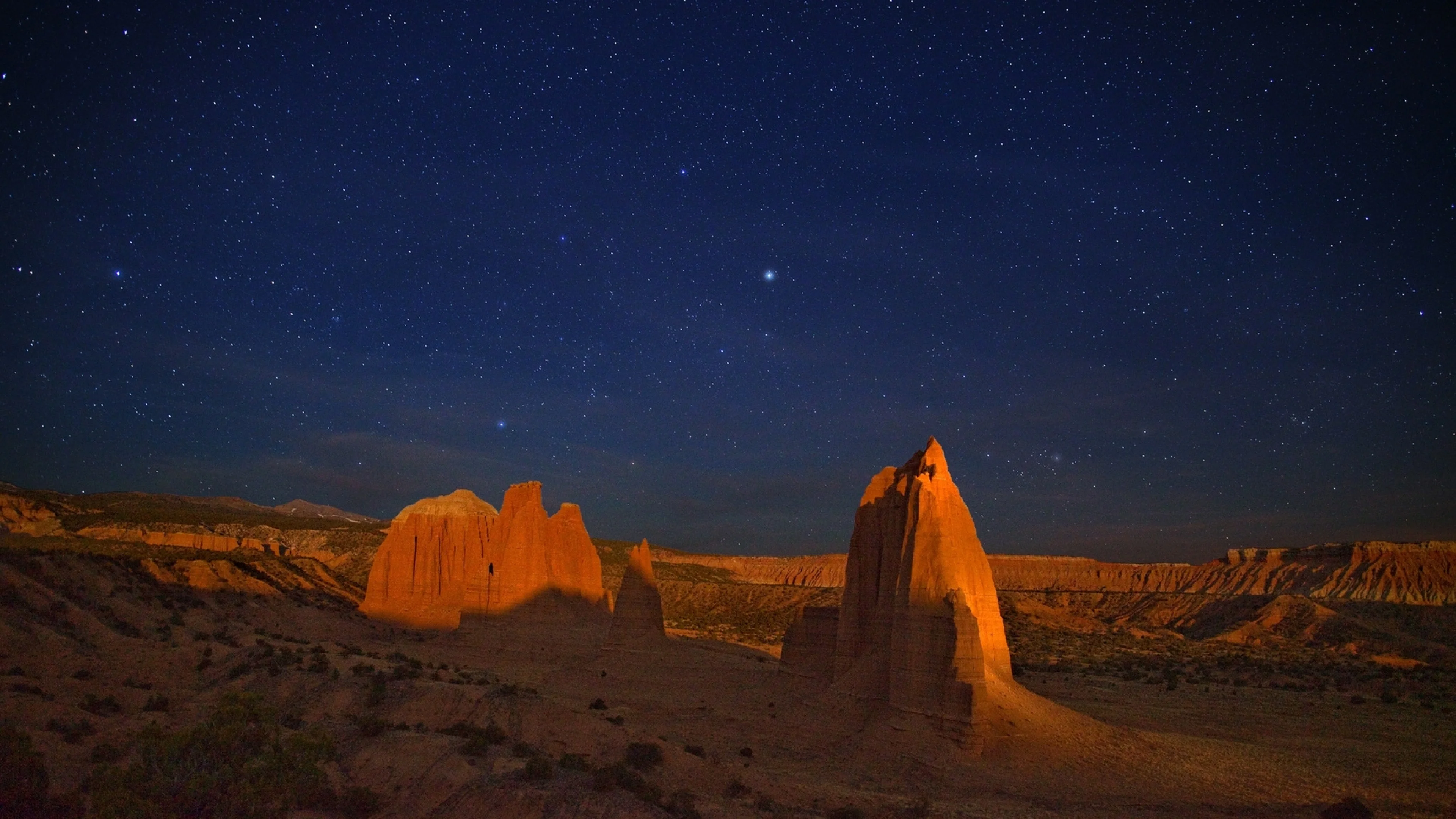 Wallpaper canyon, desert, night, stars, sky, shadow