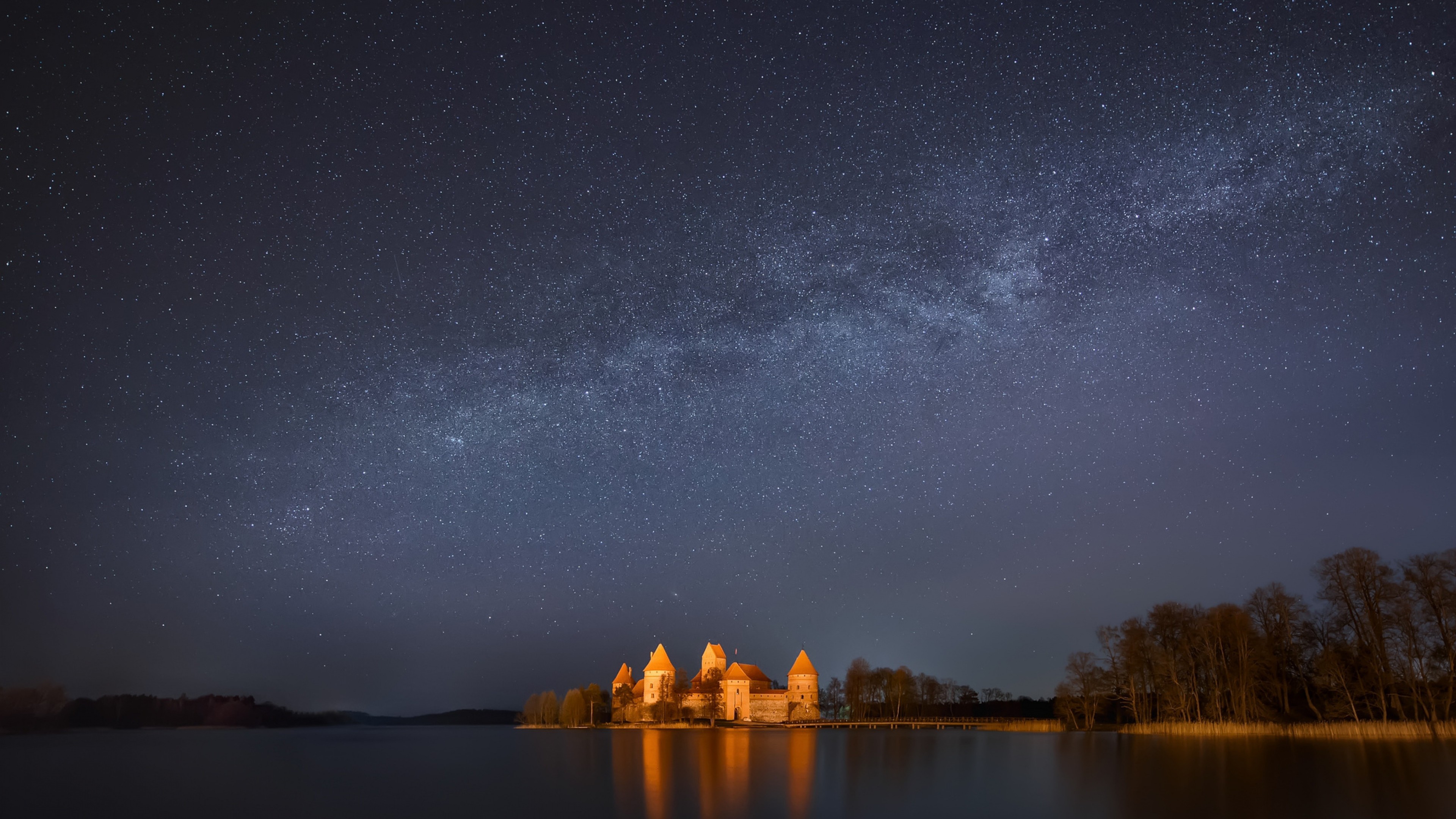 Wallpaper lithuania, trakai, lake, trees, night, sky, stars,