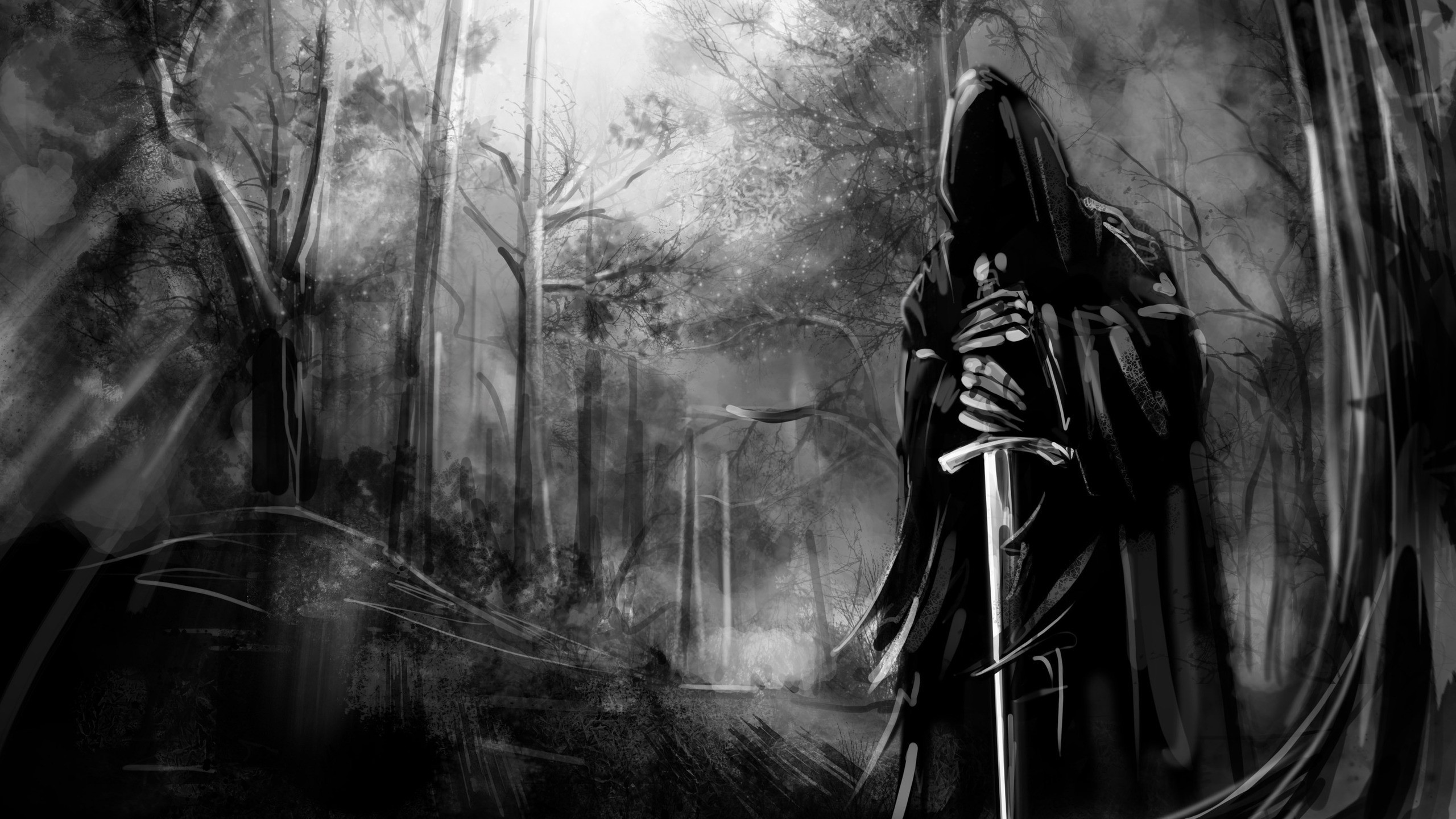 Dark Forest, Black And White, Sword, Scary