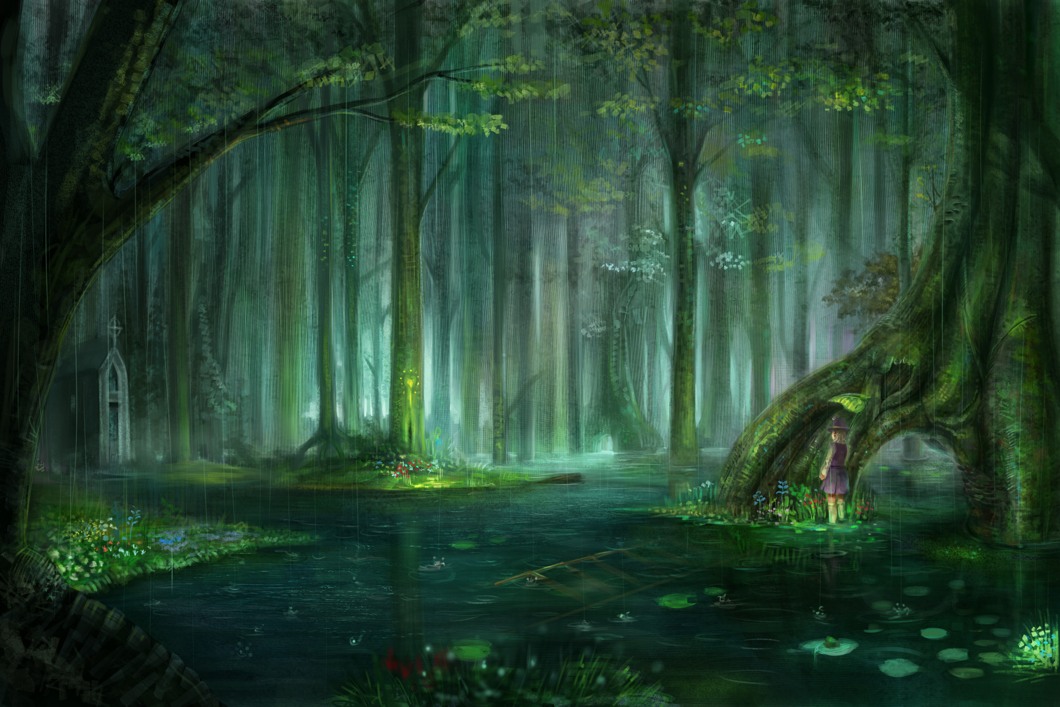 Blondes water landscapes nature touhou trees rain flowers forest leaves  pond plants short hair scenic moriya suwako chapel anime raindrops l.