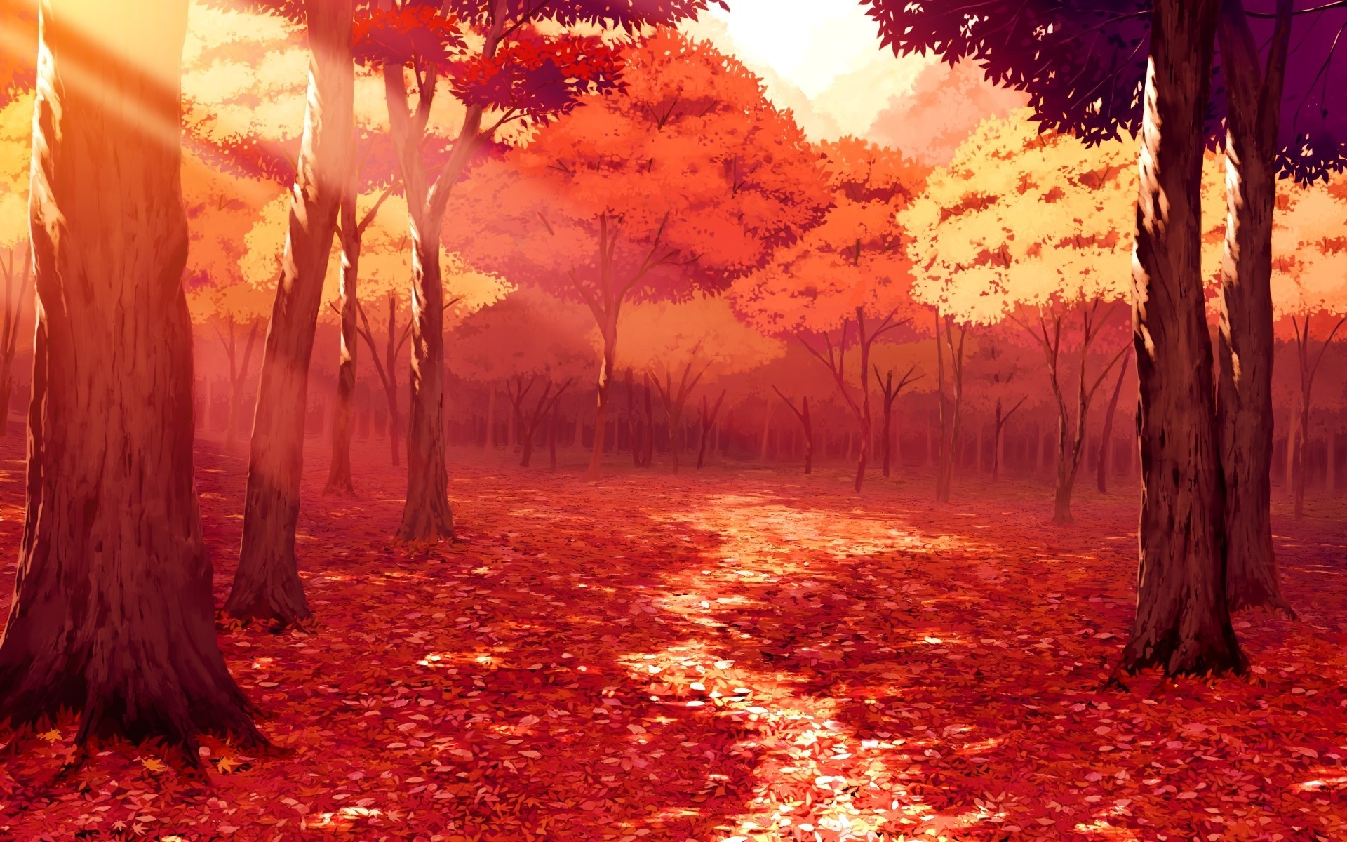 Drawing, Artwork, Fall, Leaves, Sunlight, Forest, Red, Anime Wallpapers HD / Desktop and Mobile Backgrounds