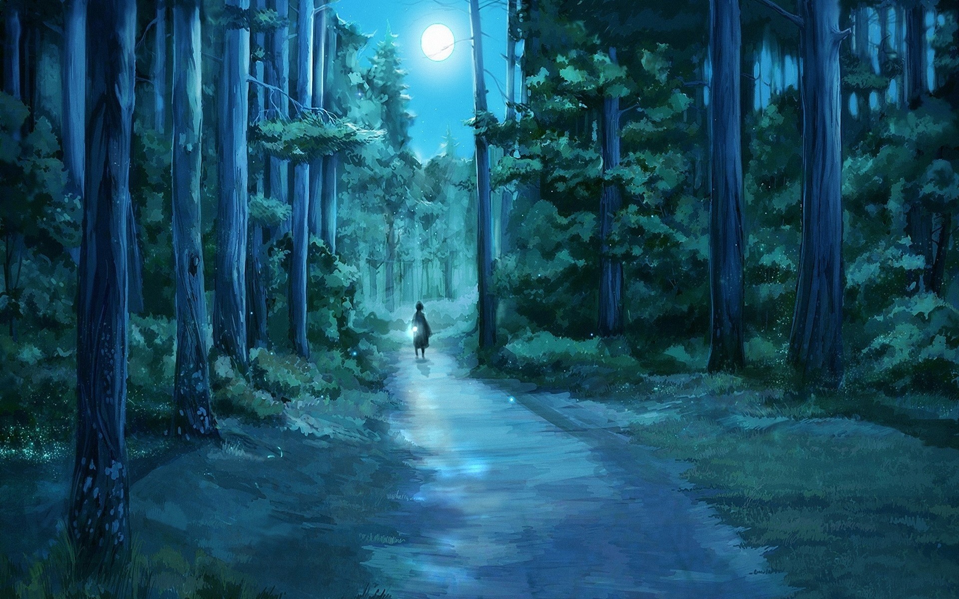 Trees dark night artistic forest moon path anime flashlight wallpaper Wallpaper HD