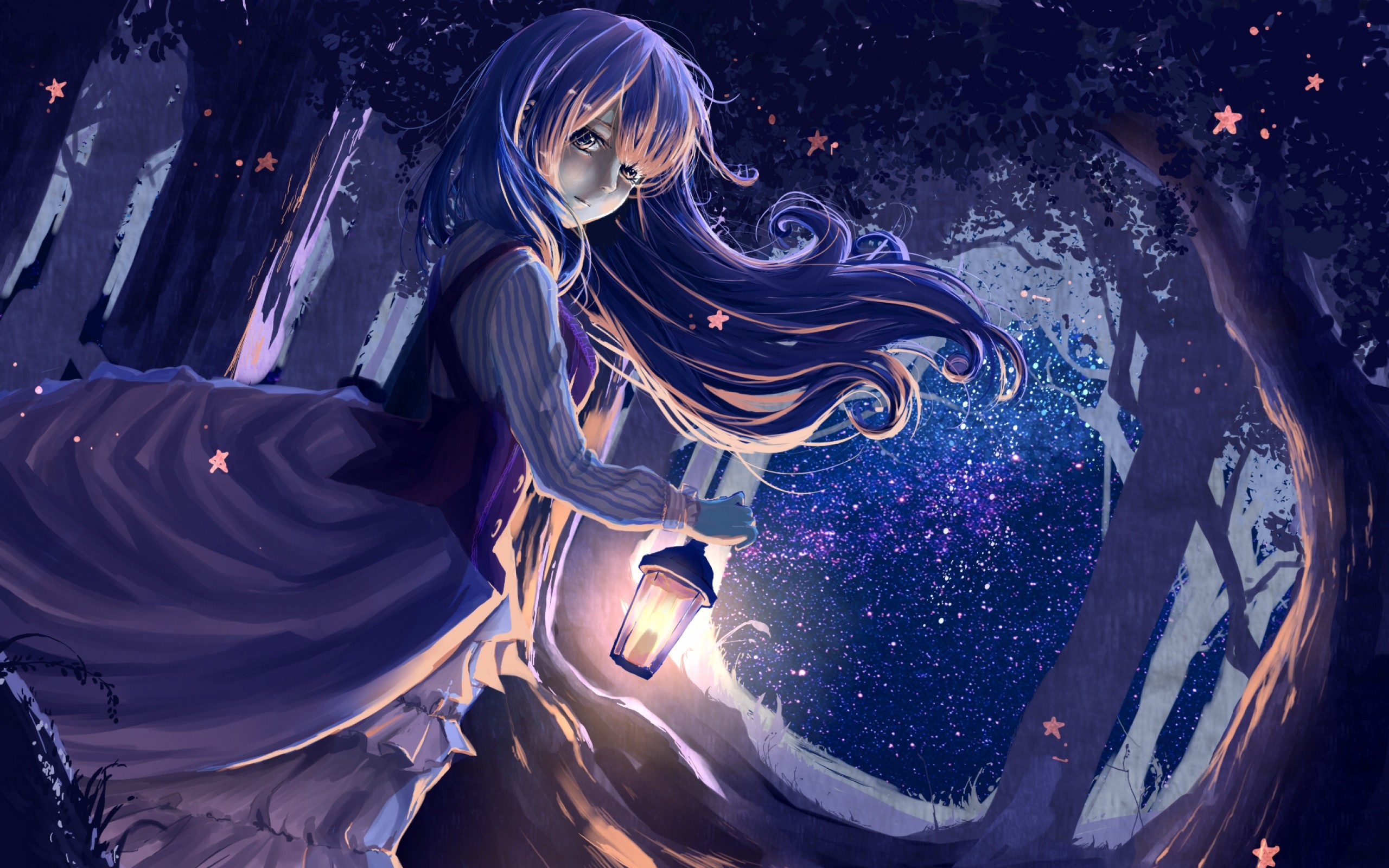 Wallpaper girl, anime, lantern, forest, night
