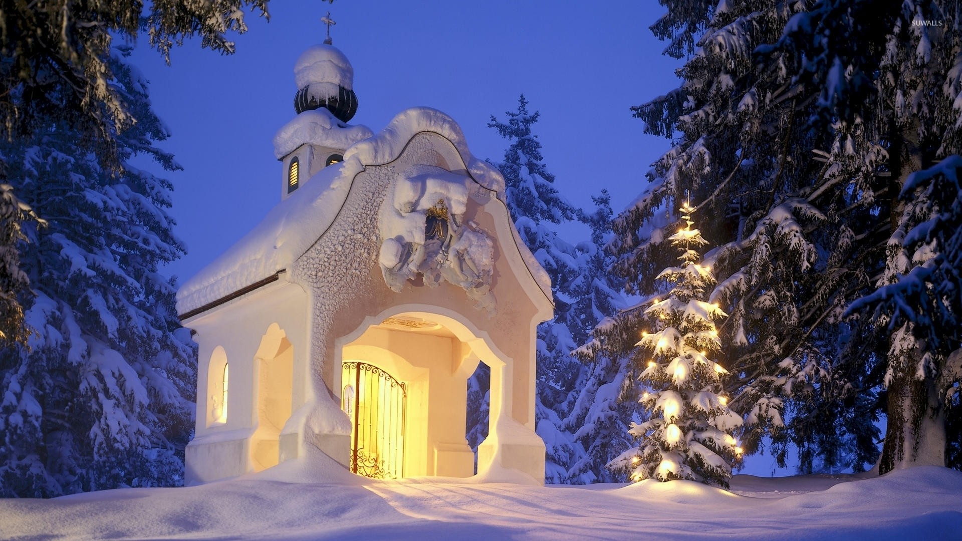 Small church in the snowy forest wallpaper jpg