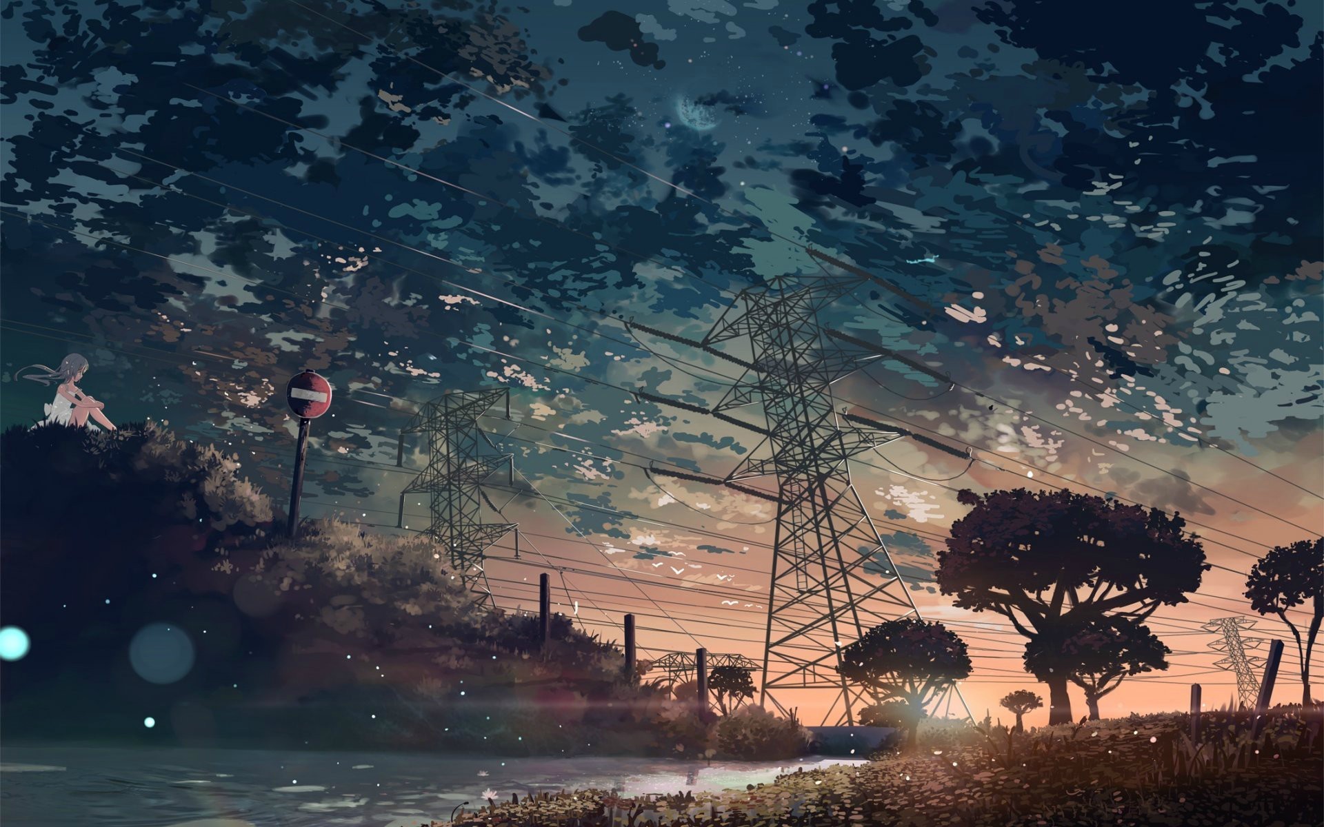Anime anime nature trees sky anime girls power lines