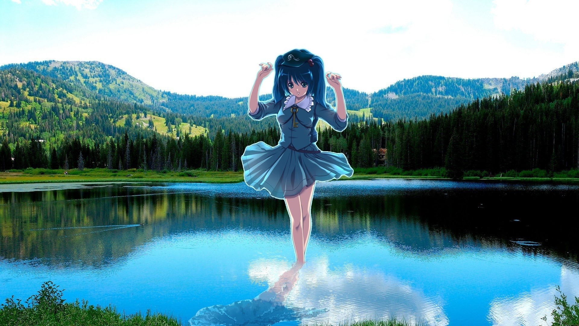 Preview wallpaper anime, girl, model, lake, landscape, mountain, nature,