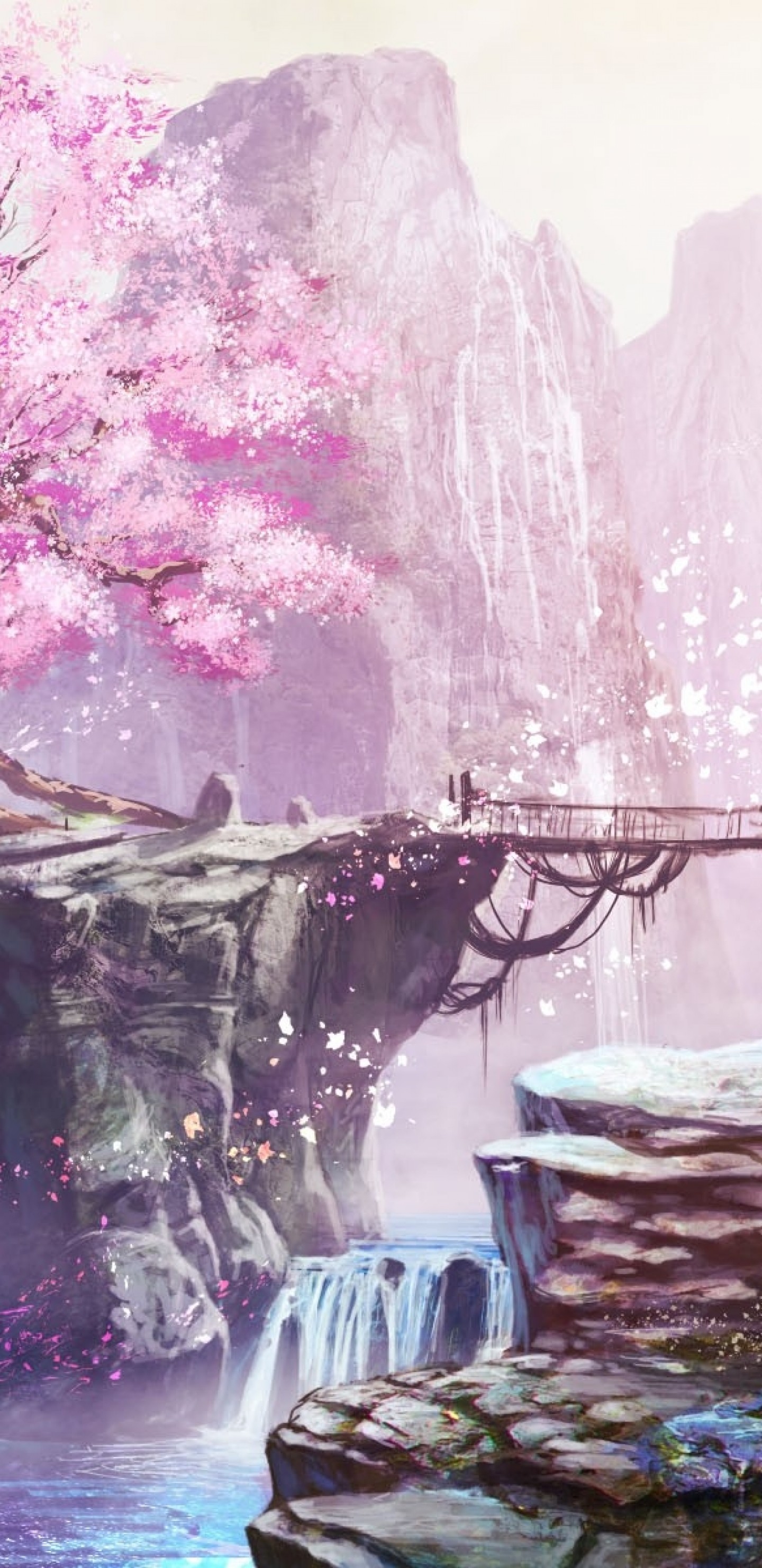 Anime Landscape, Cherry Blossom, Bridge, Waterfall, Anime Girl, Nature