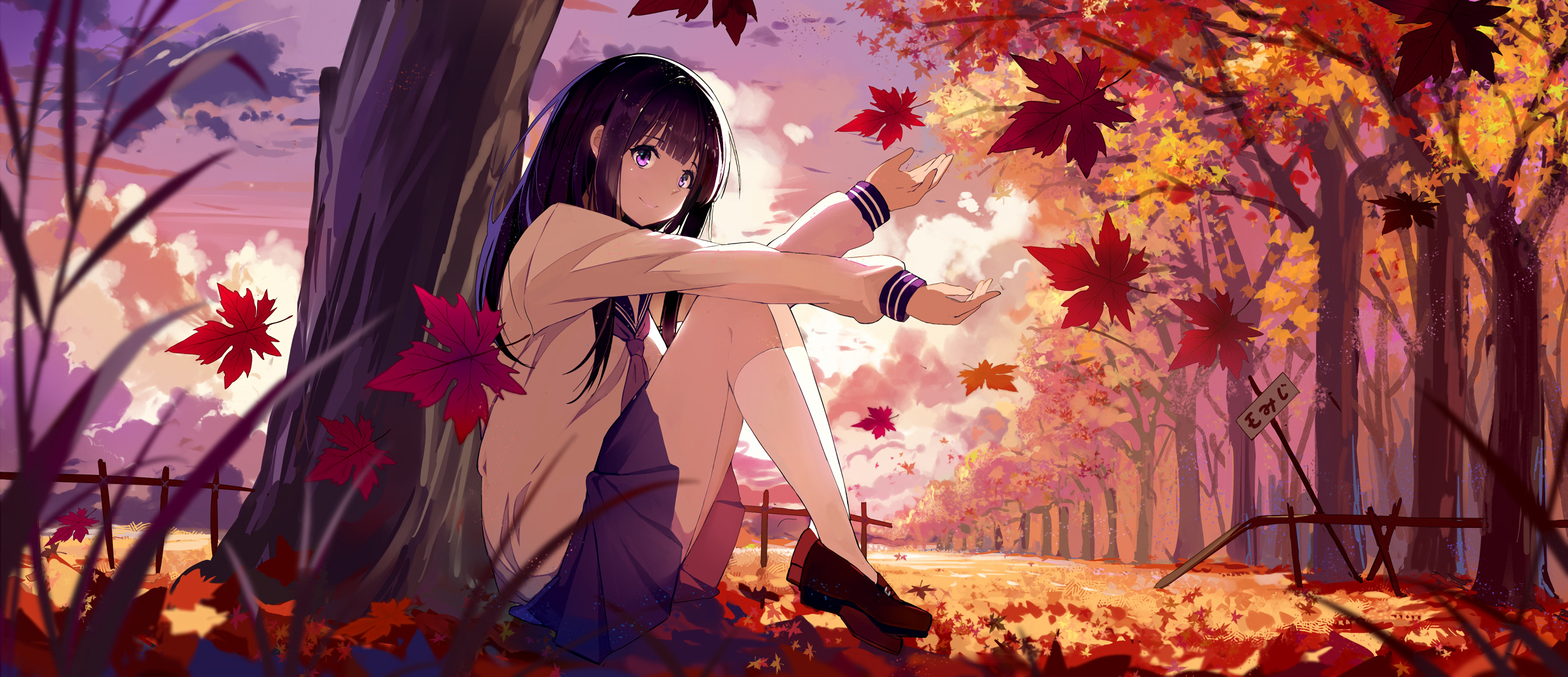 Anime Hyouka Chitanda Eru black hair purple eyes fall leaves