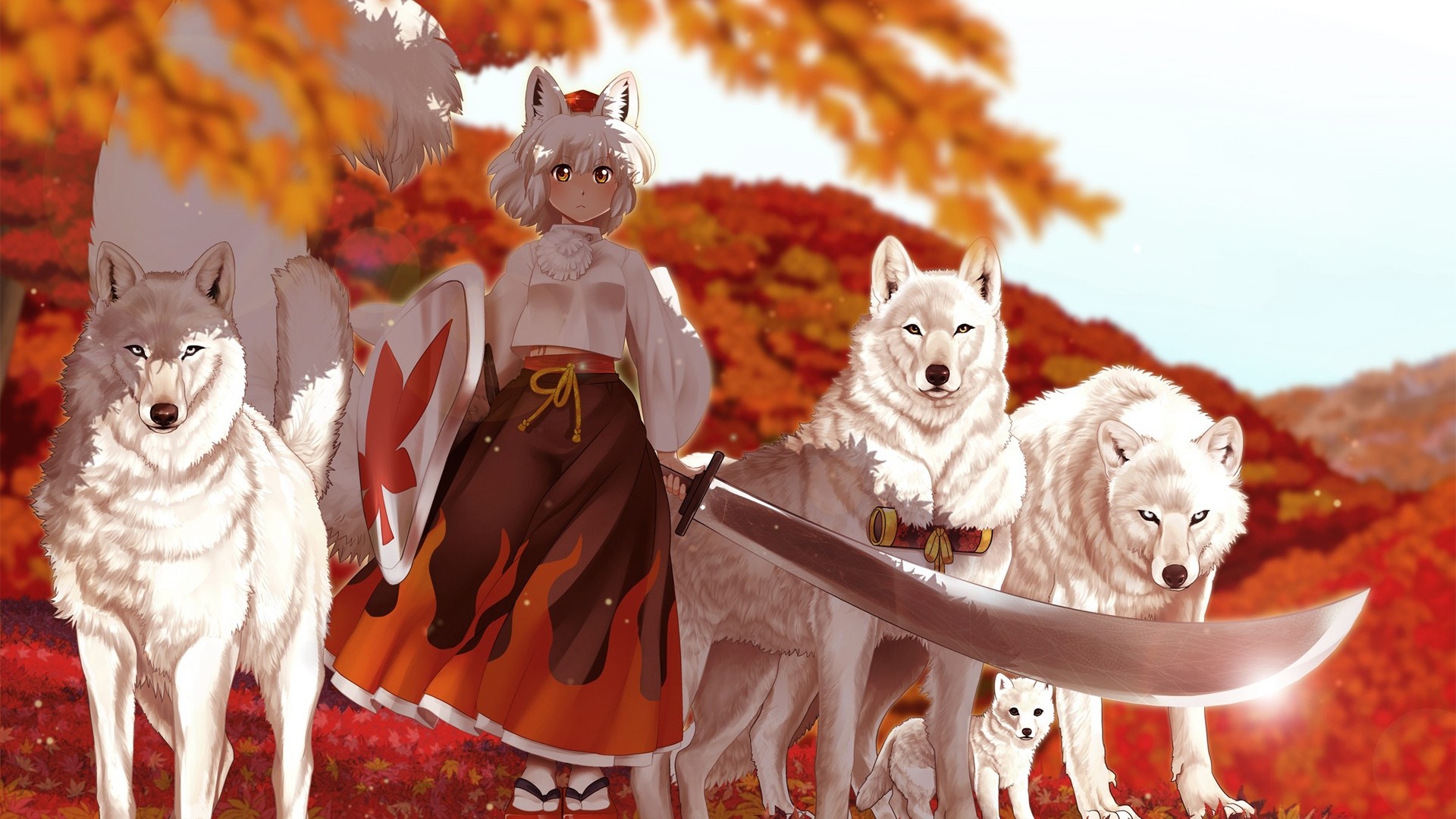 Wallpaper anime, girl, kimono, sword, wolf, autumn