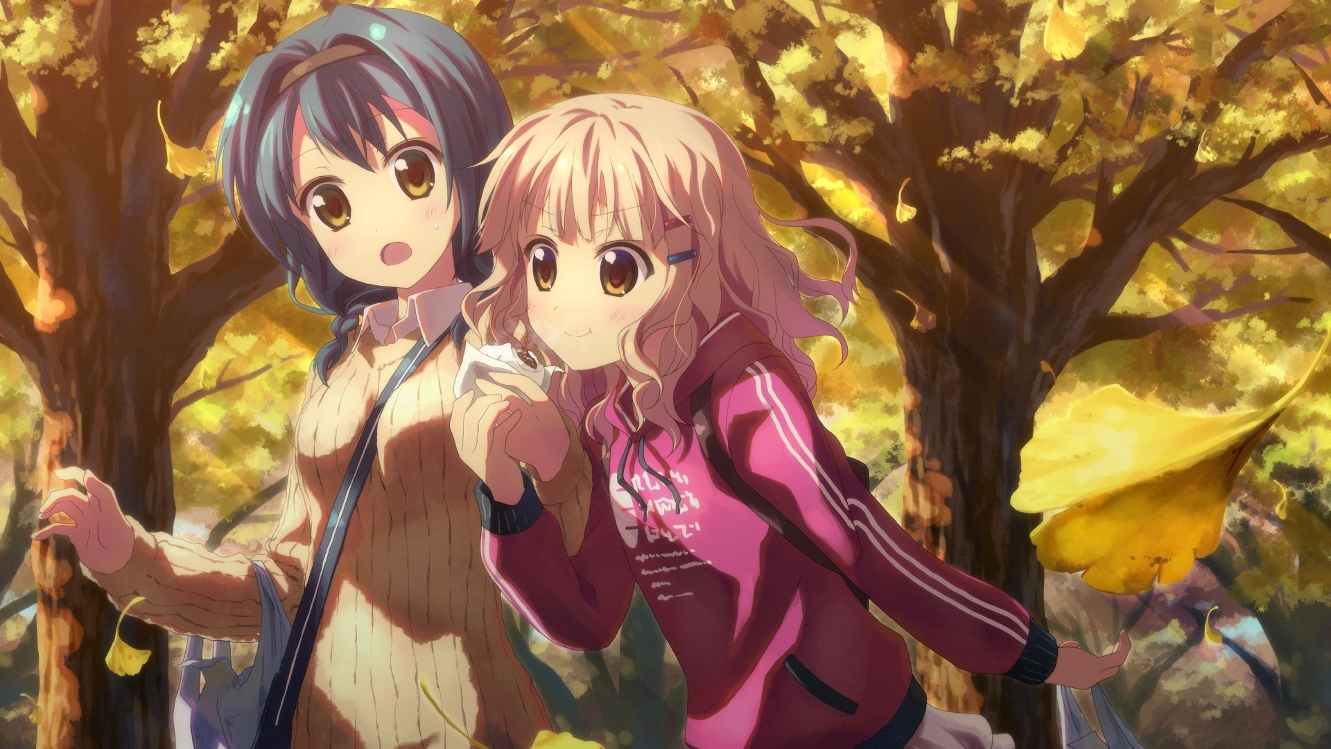 Wallpaper anime, girl, couple, park, autumn, leaf fall, emotion