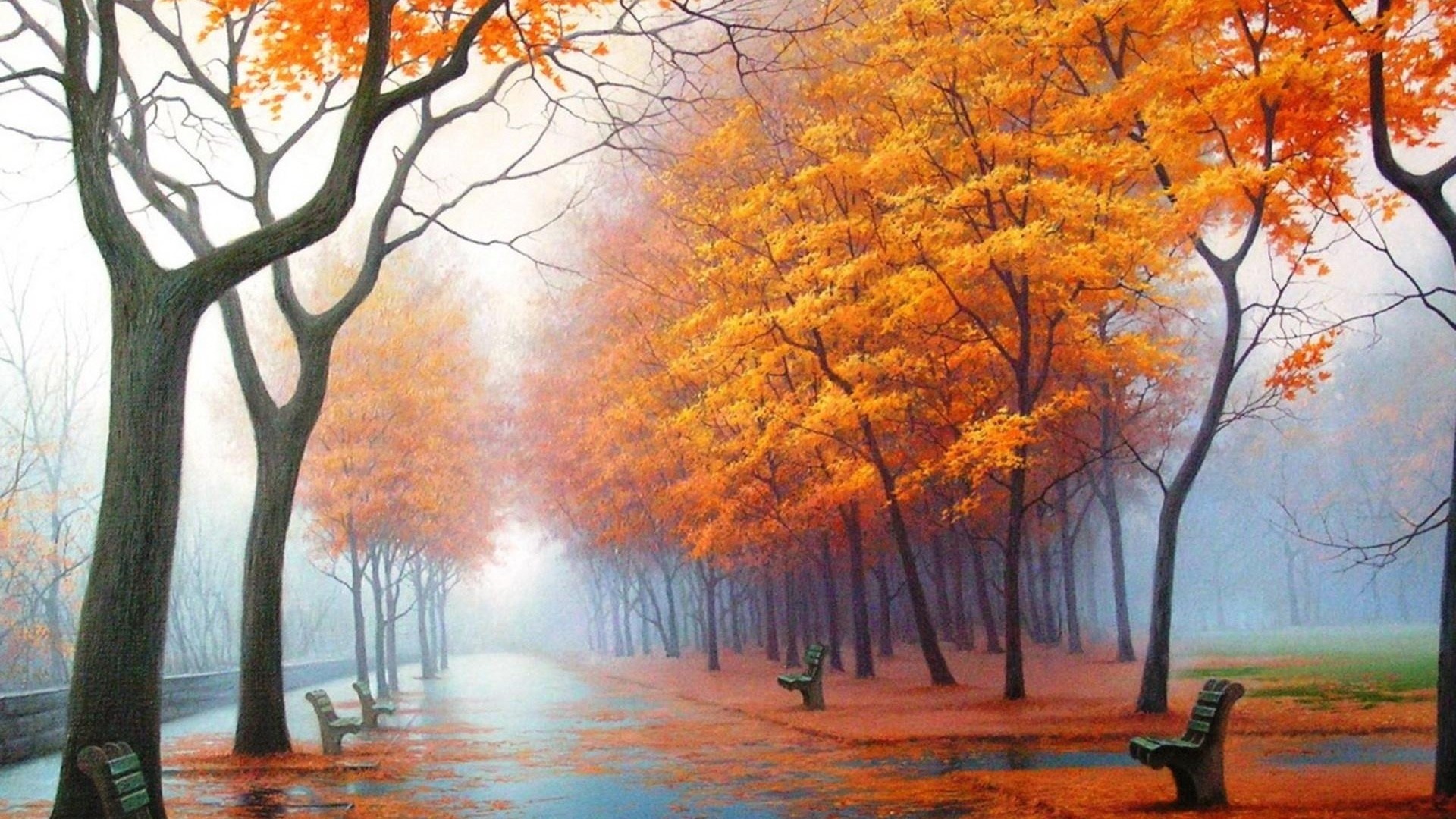 Preview wallpaper autumn, park, avenue, benches, trees, leaf fall, fog
