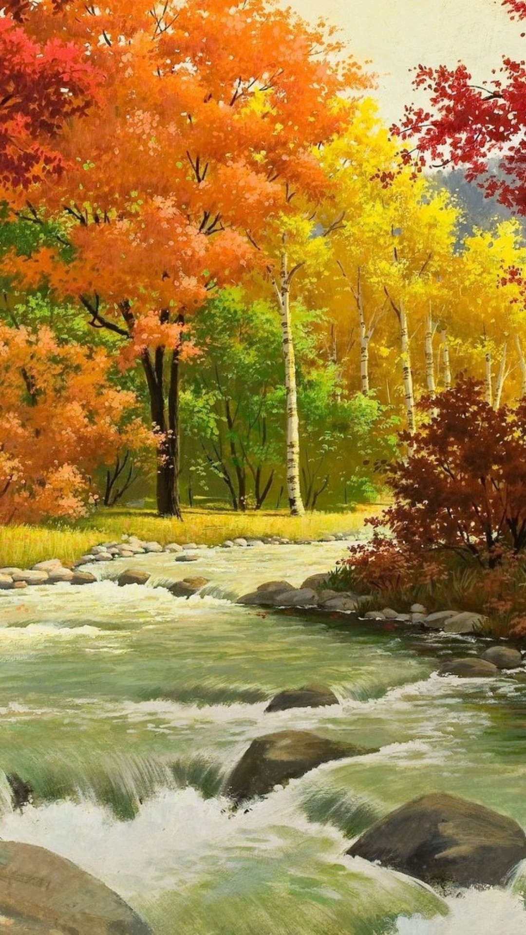 Autumn, landscape, painting, river, wood