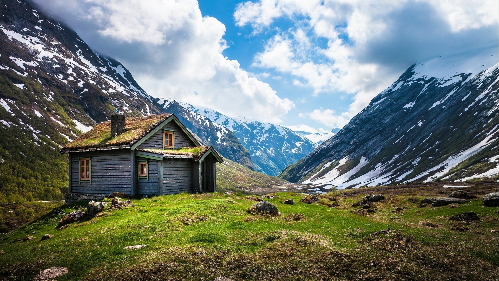 Background Full HD 1080p. Wallpaper grass, mountains, snow, foot of mountain