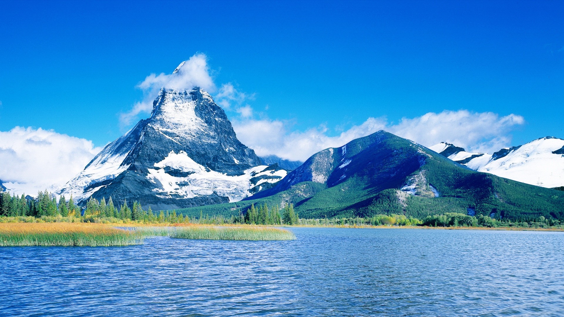 Background Full HD 1080p. Wallpaper mountains, water, tops, snow, day